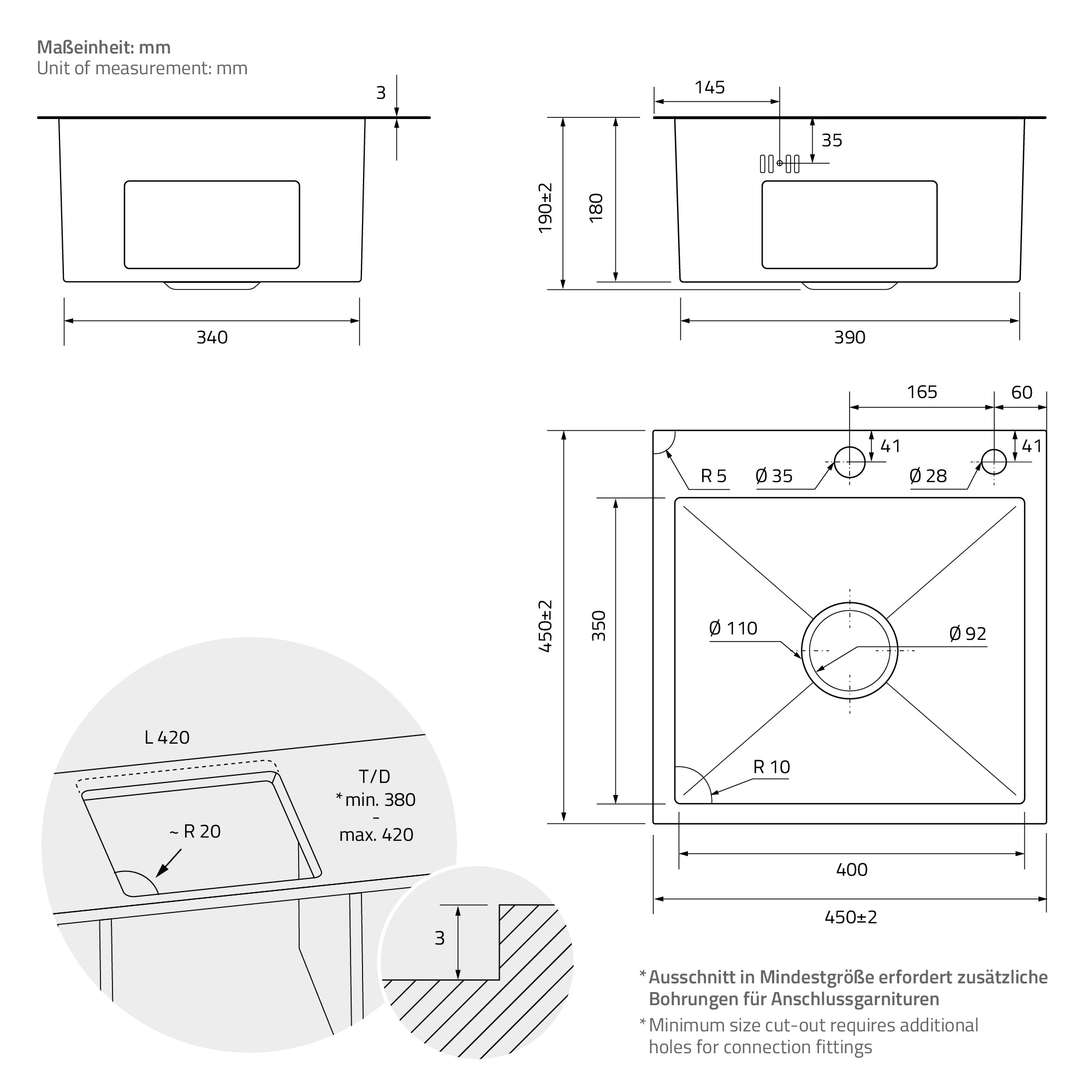 ECD Germany Sanitär Évier inox 45x45 cm anthracite à encastrer