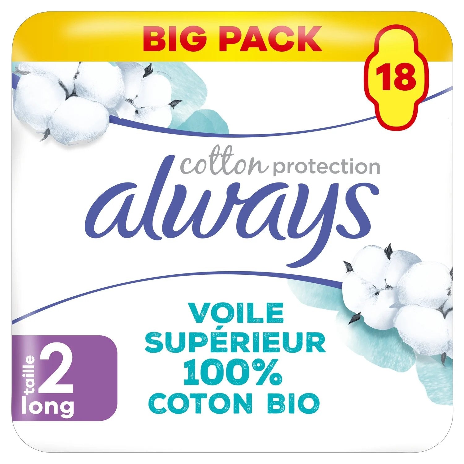Always serviettes hygiéniques coton bio Long T2 x18