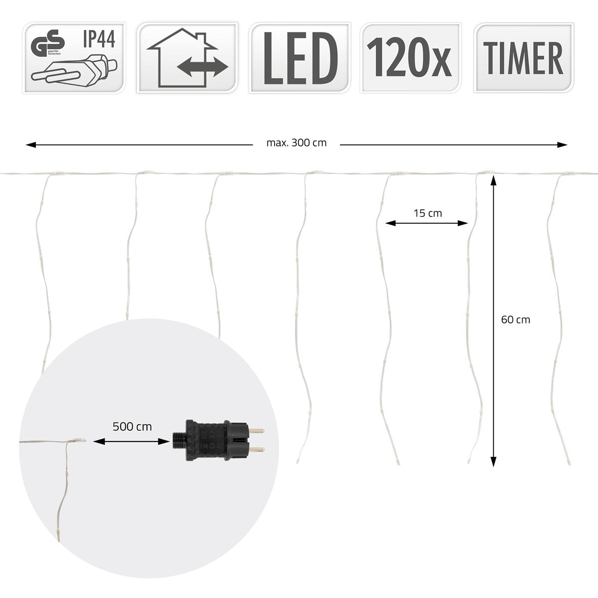 ECD Germany rideau lumineux LED 3 m 120 LED blanc chaud timer