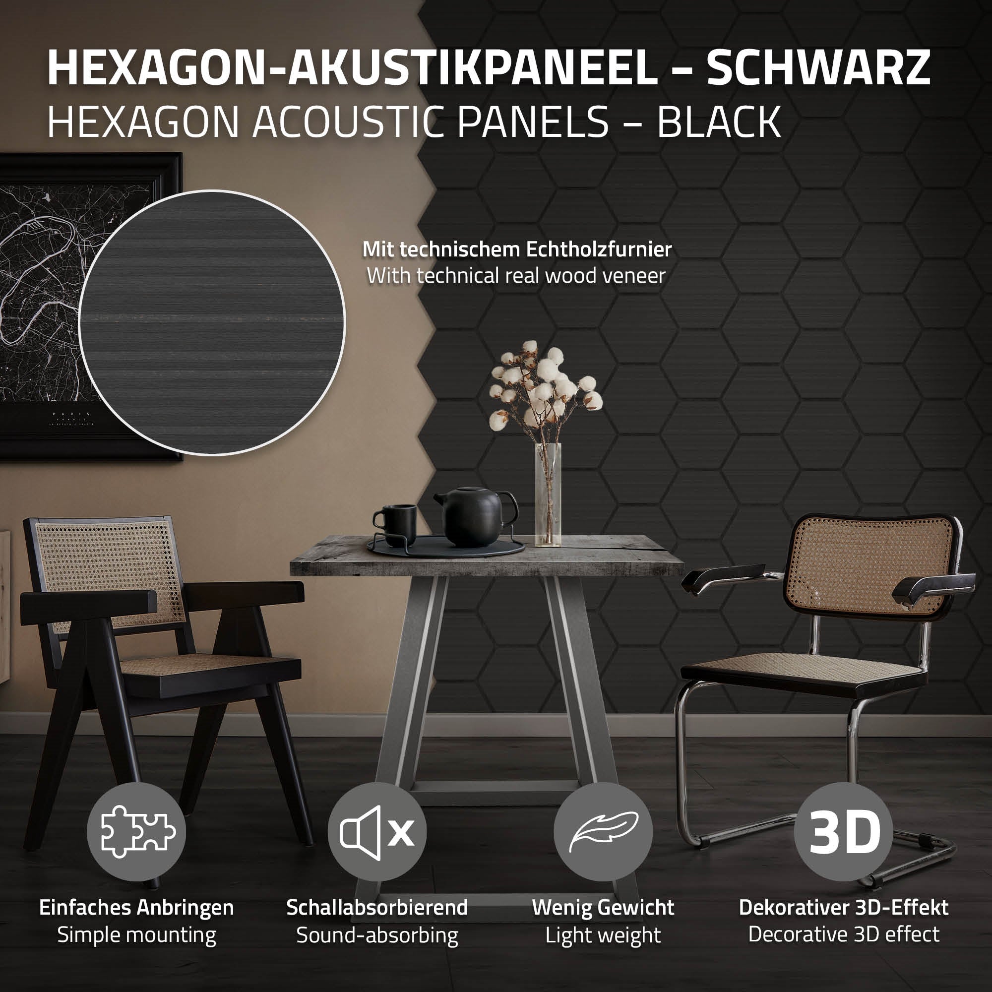 ECD Germany Haus & Wohnen ML-Design panneau acoustique hexagone noir lot 2