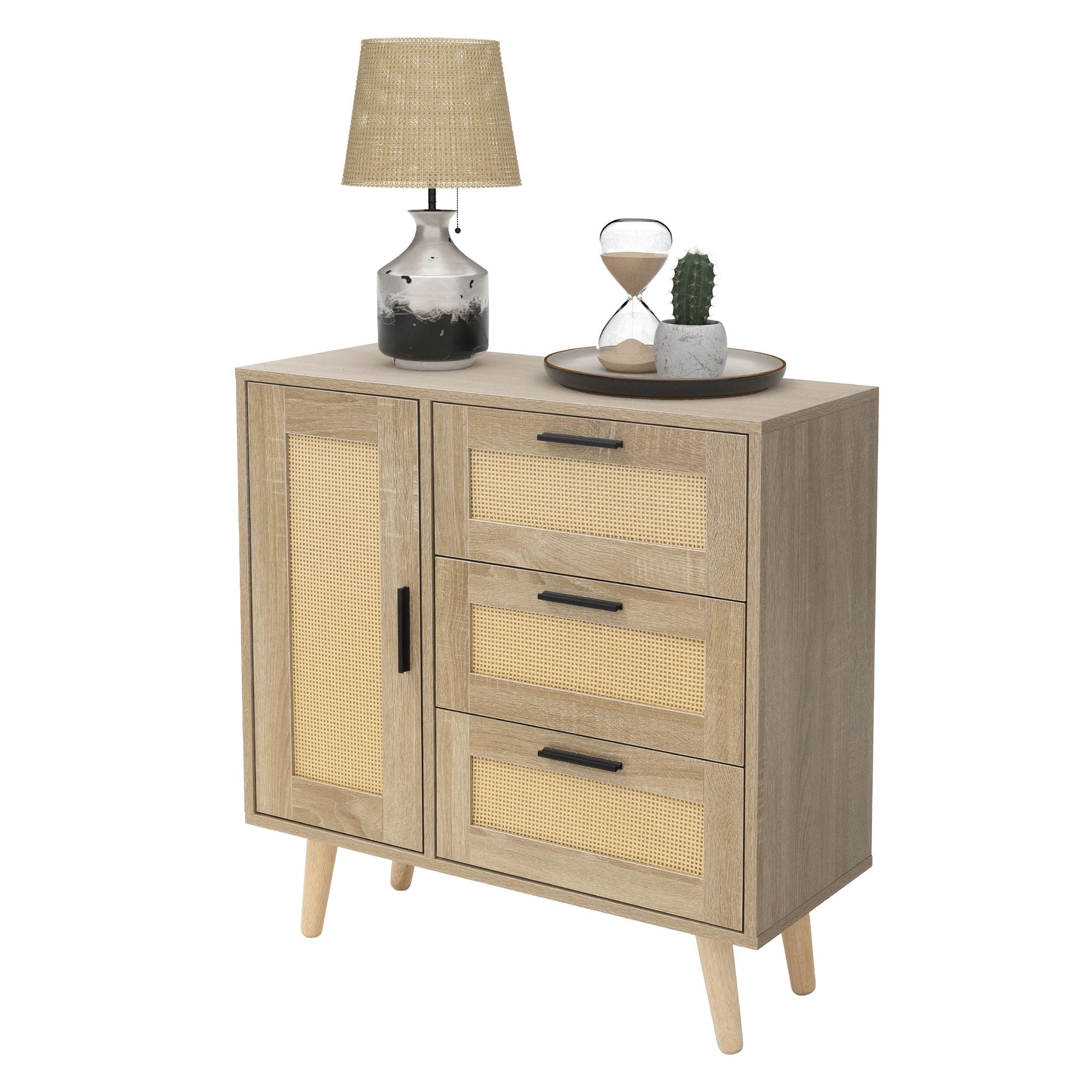 ECD Germany Möbel commode chêne rotin 74x76x30 3 tiroirs