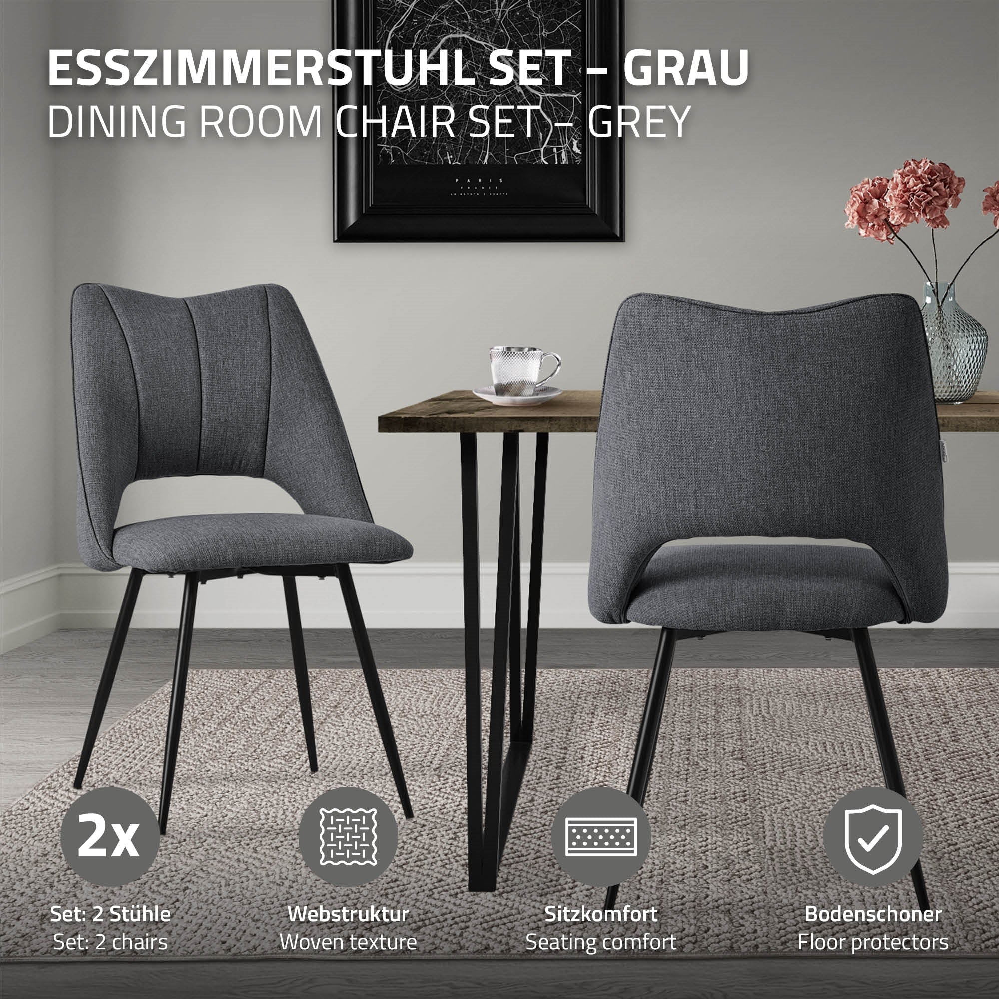 ECD Germany Möbel Chaise Salle à Manger Grise Rembourrée Lot 2