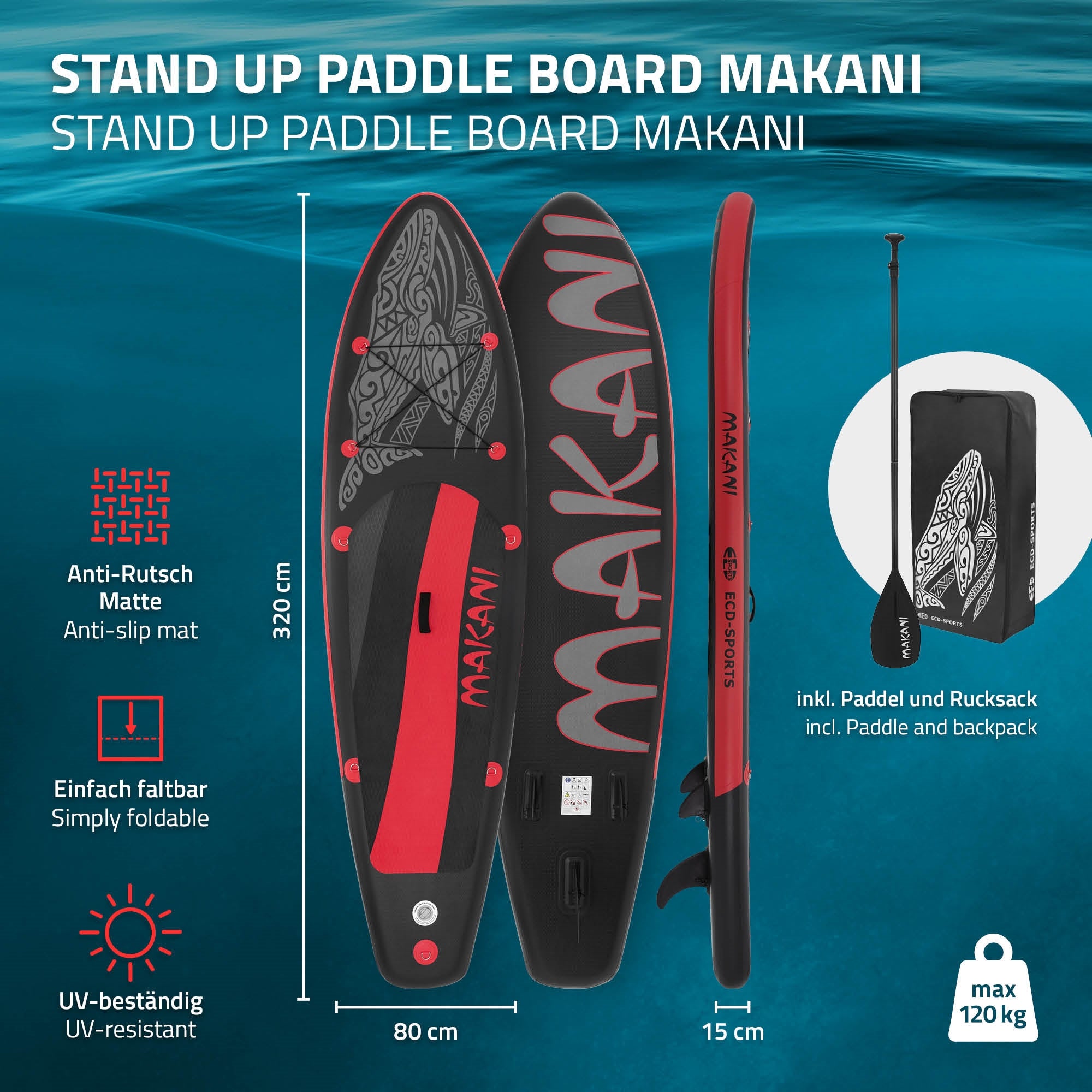 ECD Germany Makani paddle gonflable noir rouge 320x80x15 cm
