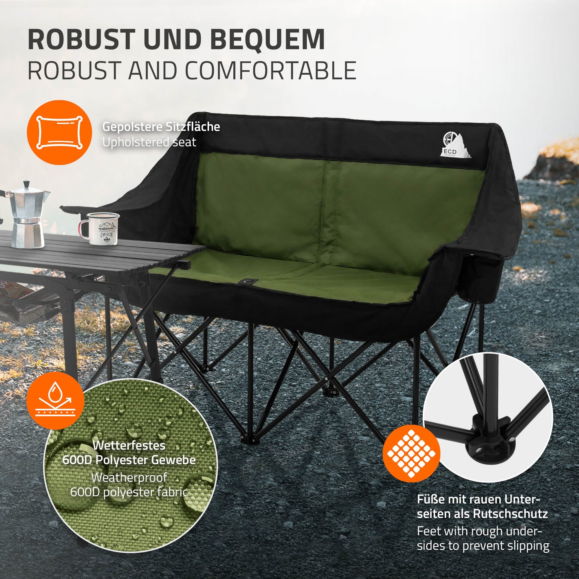 ECD Germany chaise camping double pliante kaki 2 places 200 kg