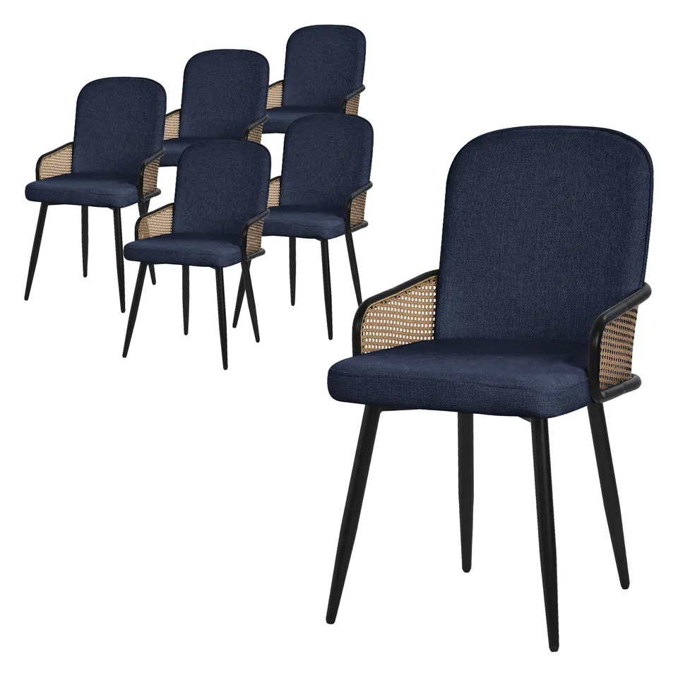 ECD Germany Möbel Lot 6 chaises bleu foncé tissu rotin accoudoirs