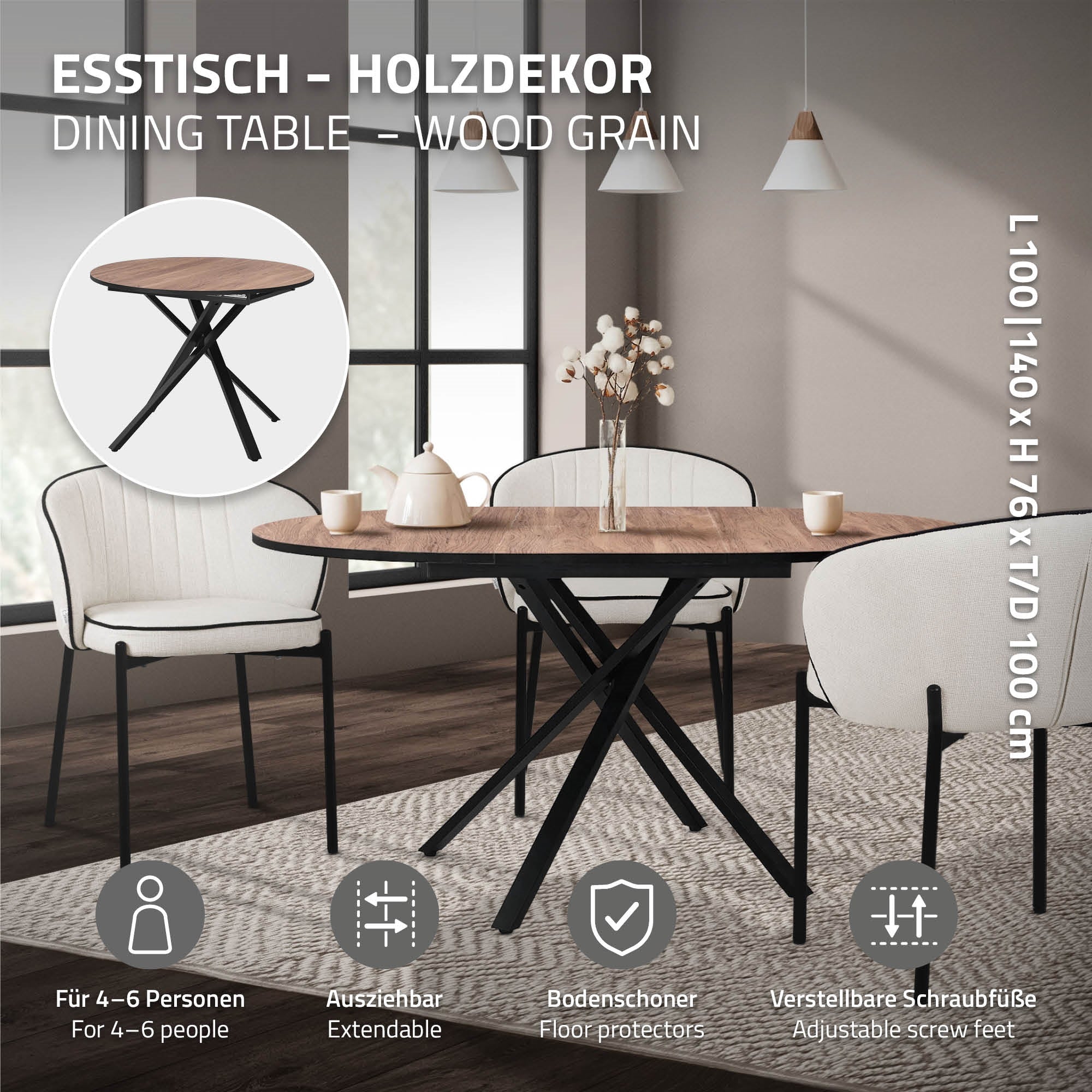 ECD Germany ML-Design table à manger ronde extensible 100-140 marron