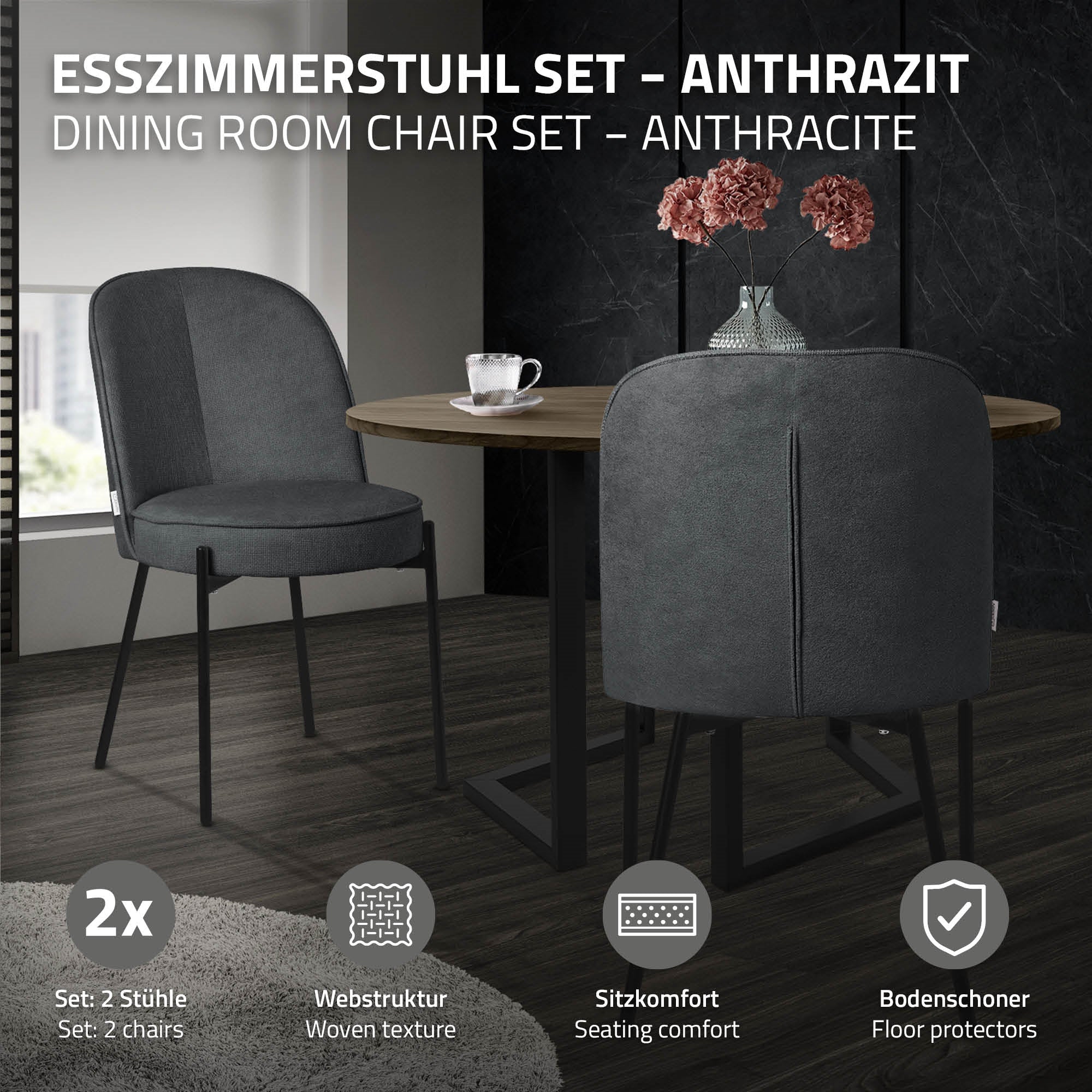 ECD Germany Möbel Chaise salle à manger anthracite lot de 2 rembourrée