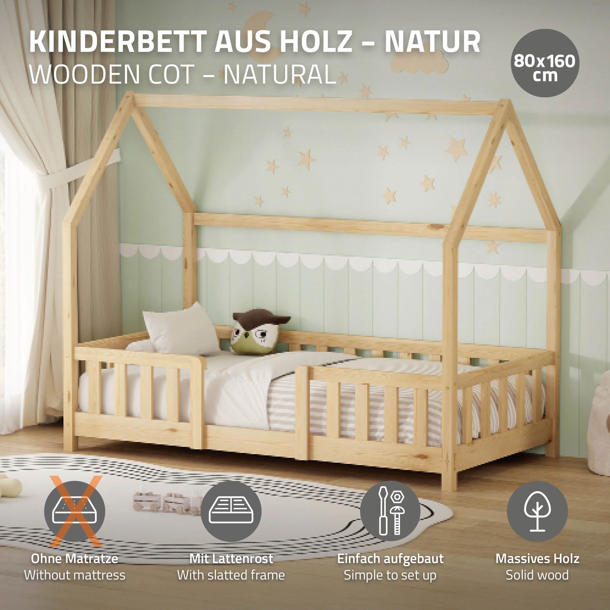 ECD Germany Kinder lit cabane 80x160 pin naturel barrière