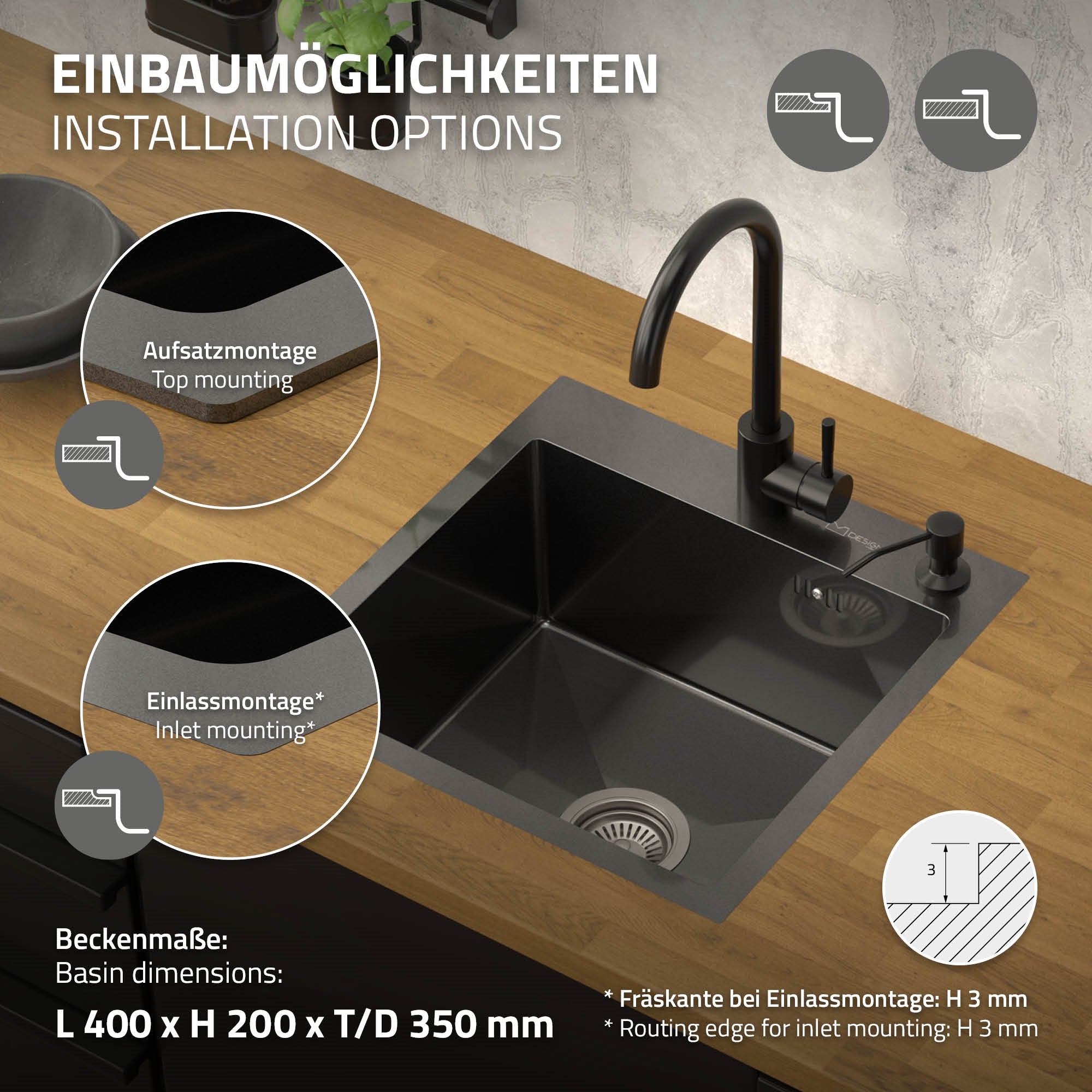 ECD Germany Sanitär Évier inox 45x45 cm anthracite à encastrer