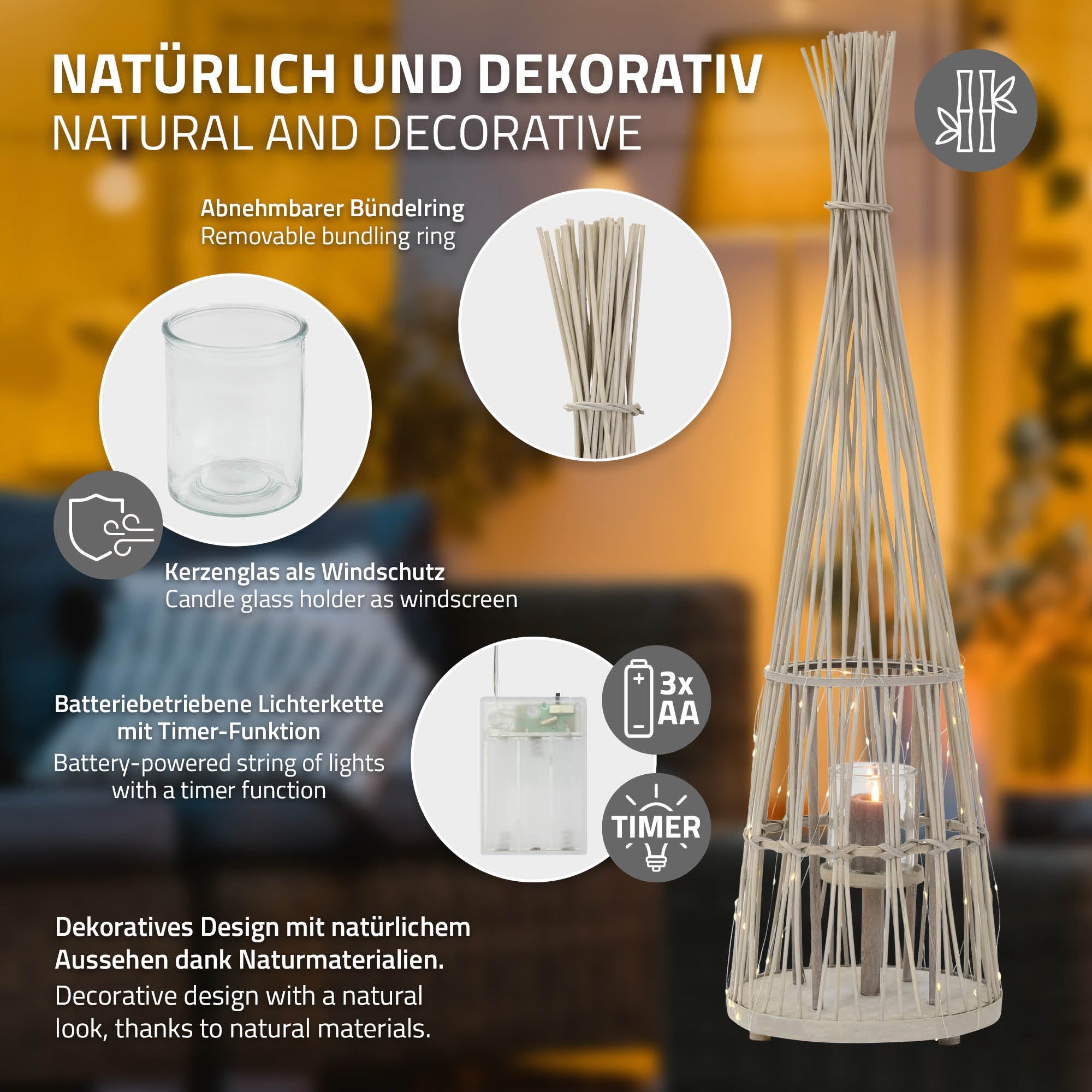 ECD Germany Garten lanterne bambou 110 cm LED verre tressée