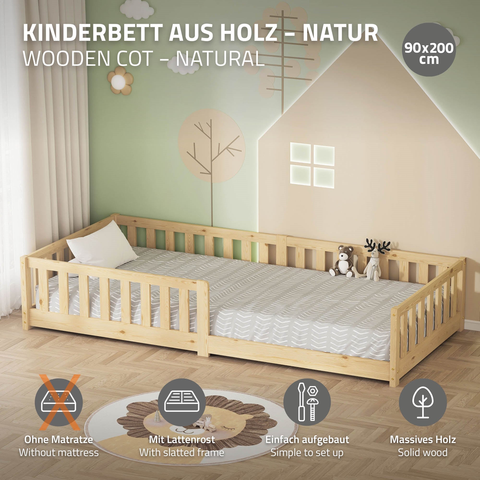 ECD Germany Kinder lit enfant 90x200 pin nature sans matelas