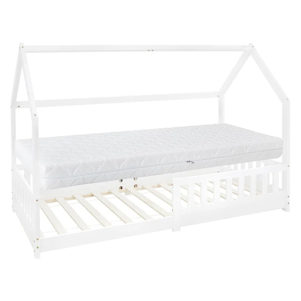 ECD Germany Kinder lit cabane 90x200 blanc + matelas 16cm