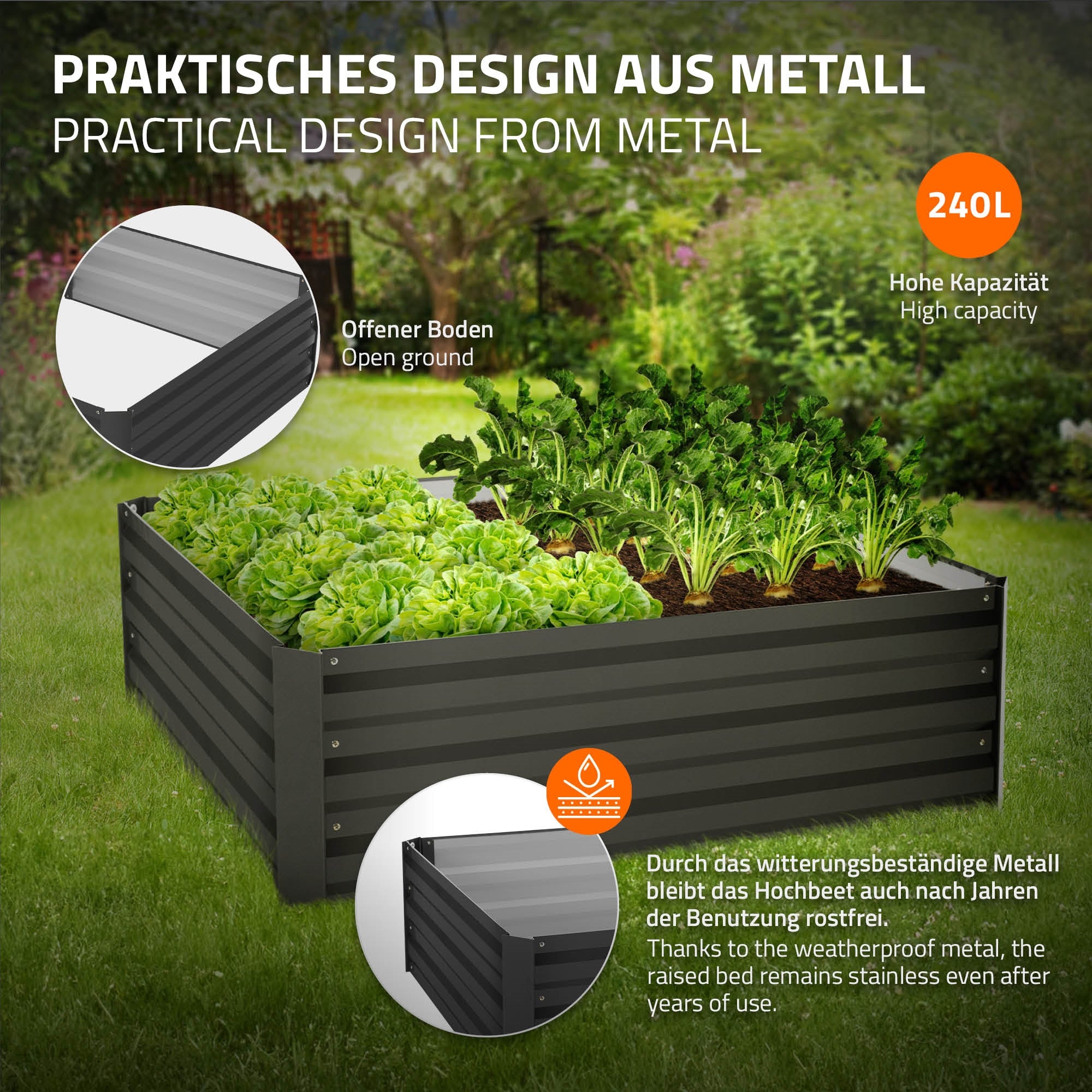 ECD Germany Jardin carré potager anthracite métal 90x90x30 cm 3 pièces