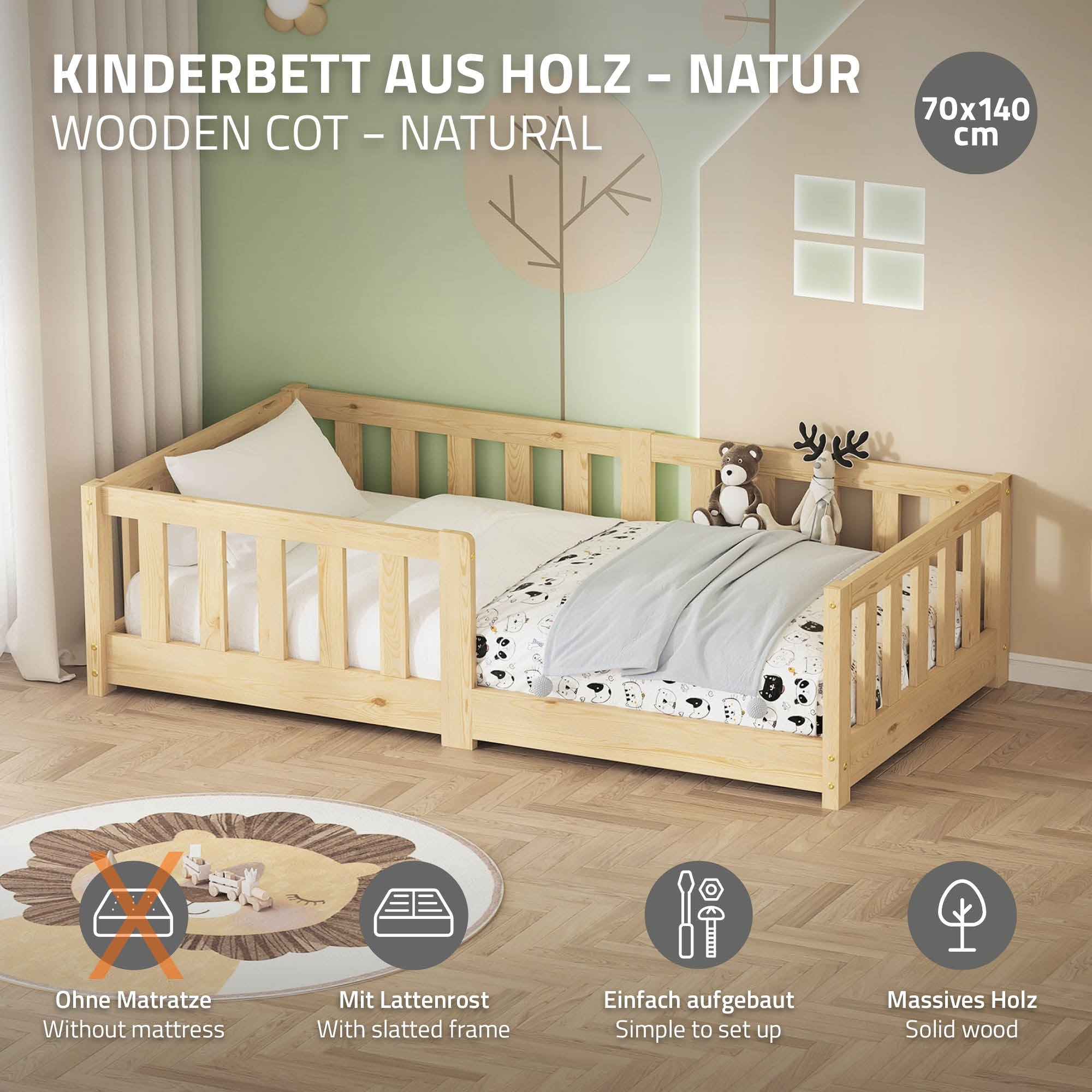 ECD Germany Lit Enfant 70x140 Pin Naturel Barrière Sommier