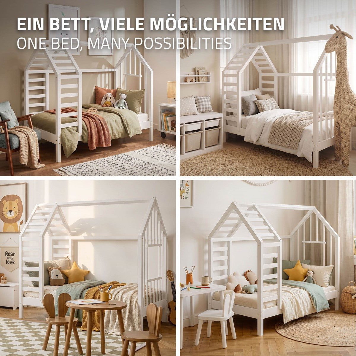 ECD Germany Kinder Lit Cabane 70x140 cm Blanc + Matelas