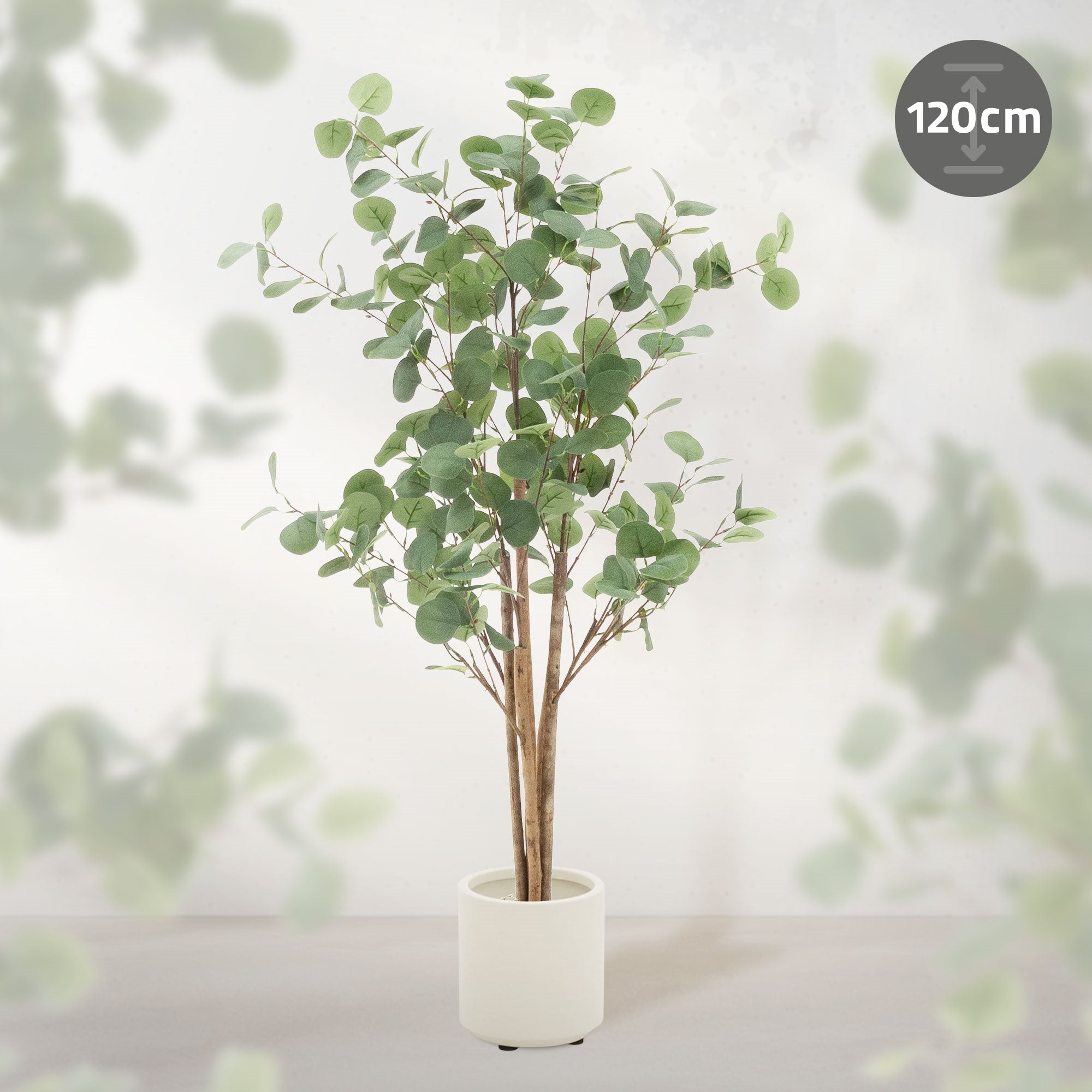 ECD Germany Haus Eucalyptus artificiel 120 cm tronc bois pot blanc