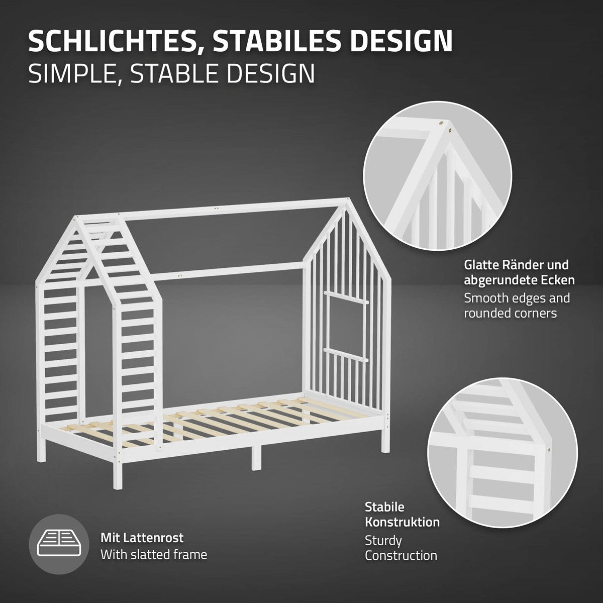 ECD Germany Kinder lit cabane 90x200 blanc avec matelas pin