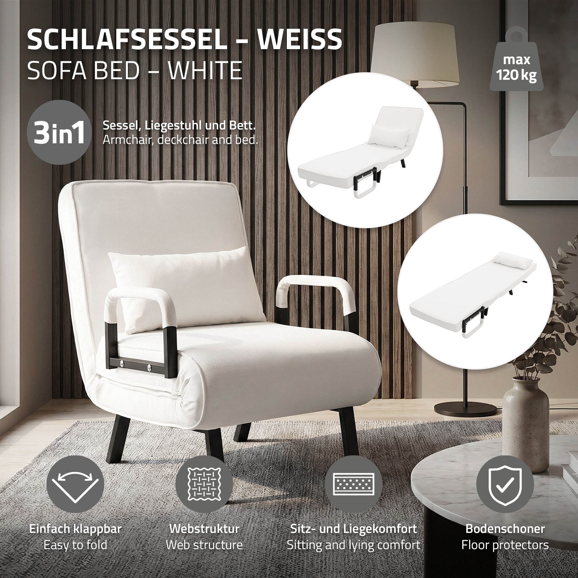 ECD Germany Meuble fauteuil-lit blanc 186x60 cm chenille acier