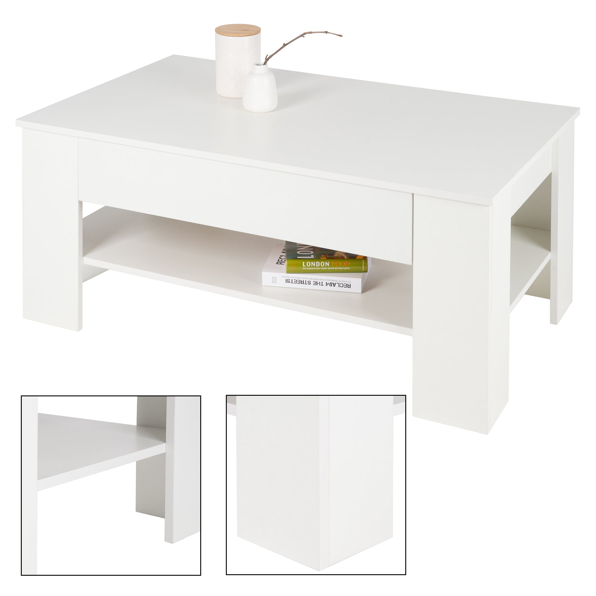 ML-Design Table basse blanche 110x65x48 tiroir et niche