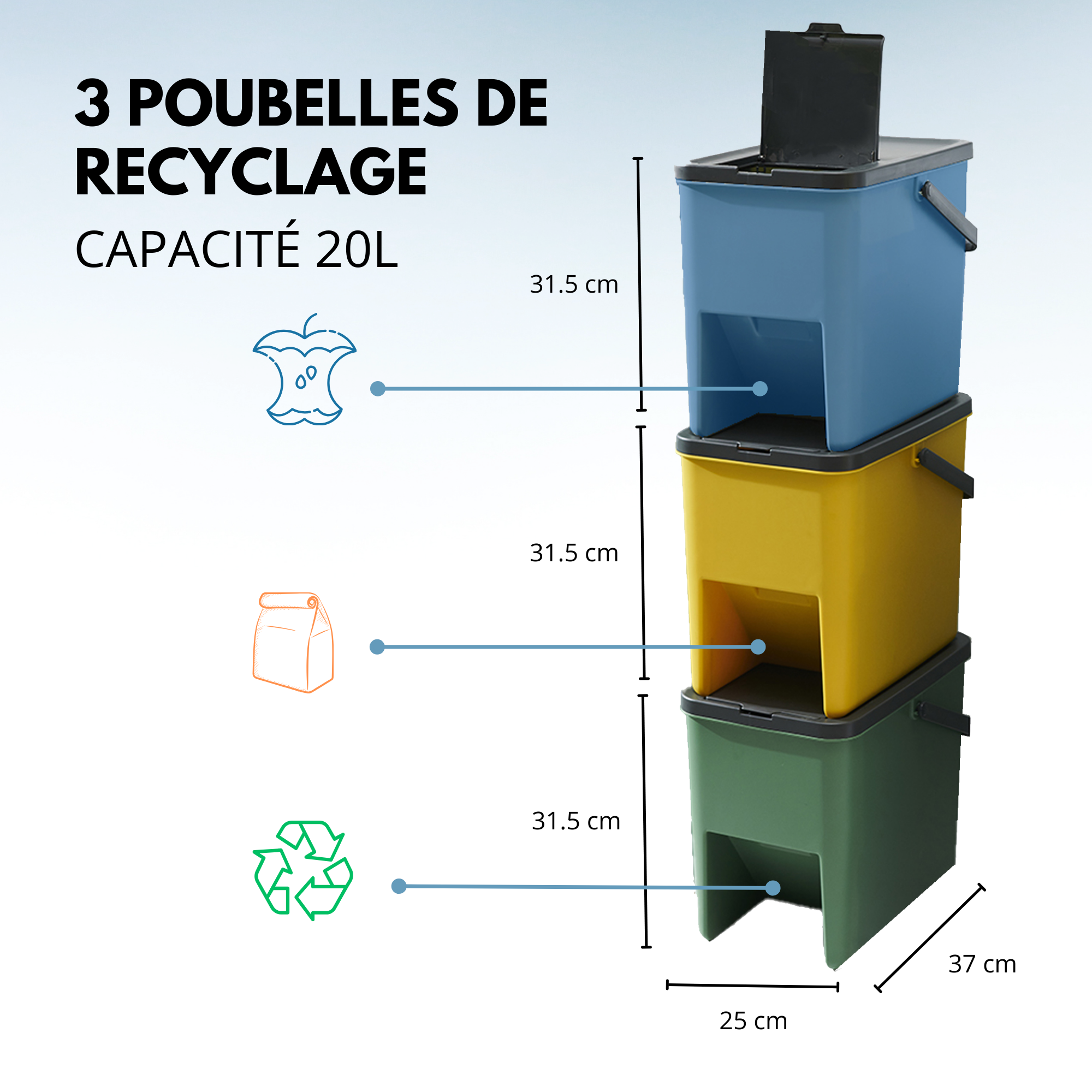 Red Deco Bergen lot 3 poubelles tri 20L empilables