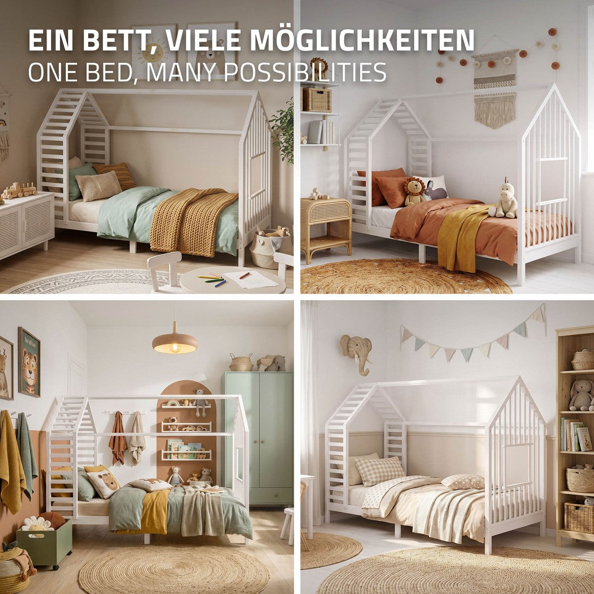 ECD Germany Kinder lit cabane 90x200 cm blanc avec matelas