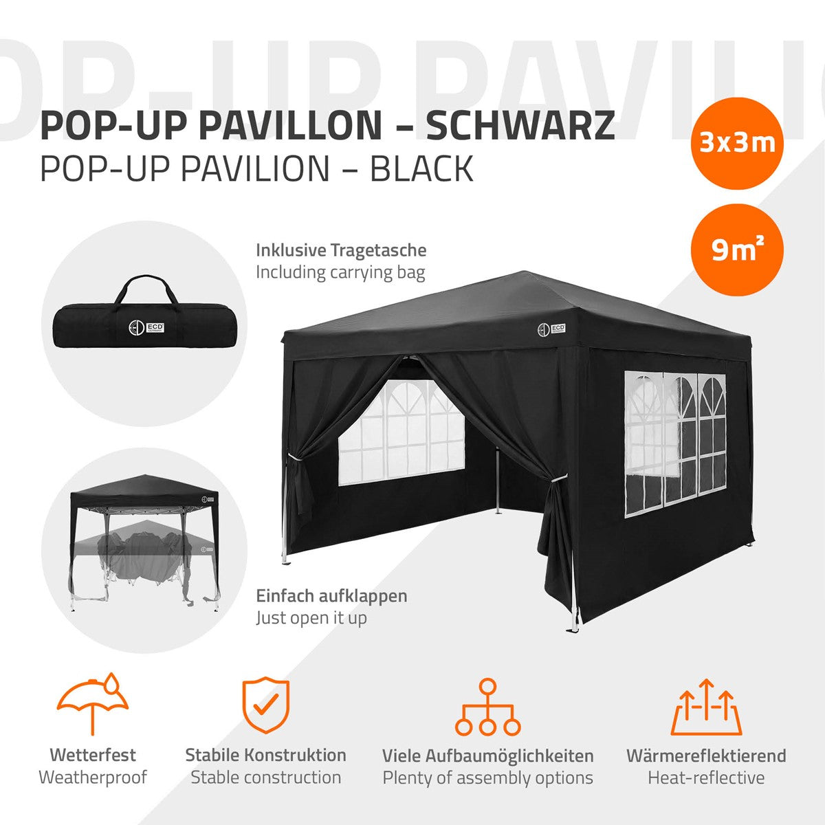 ECD Germany Garten barnum pliant 3x3 m noir avec parois