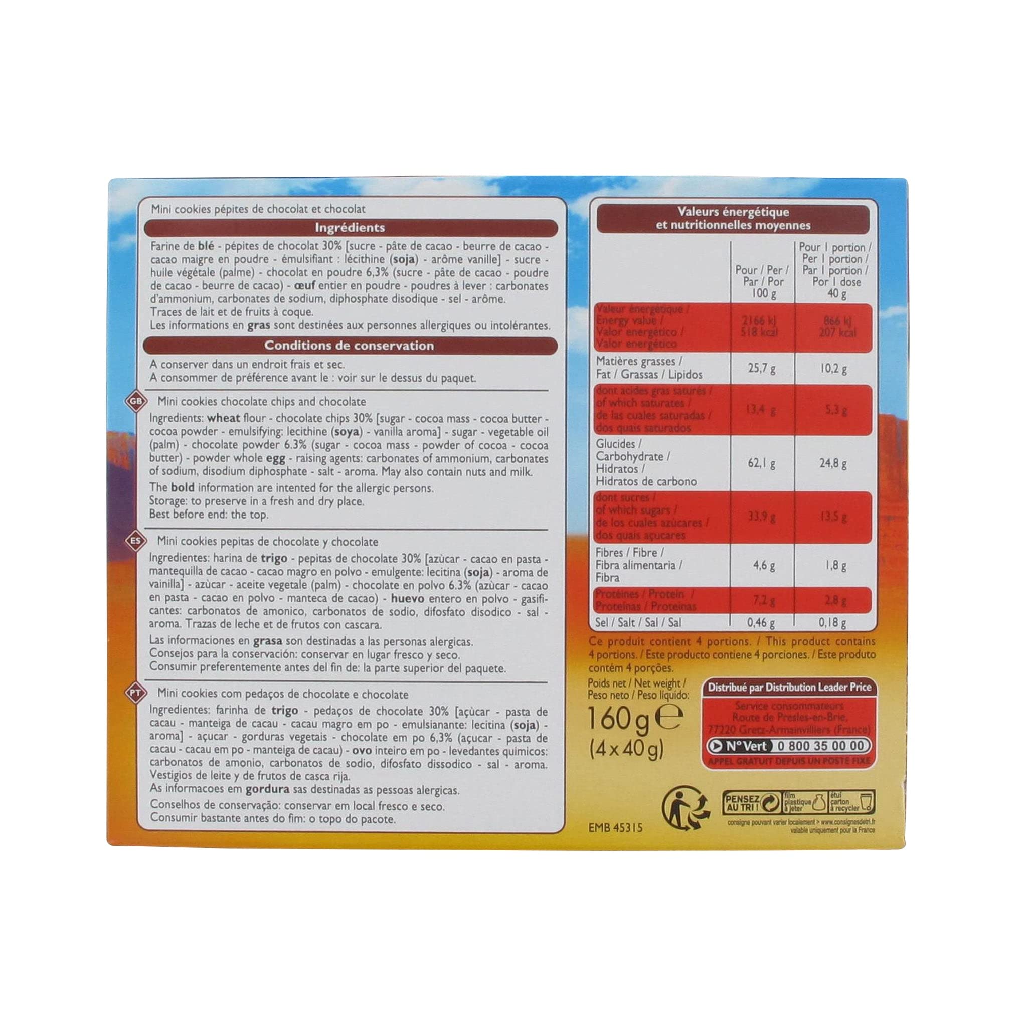 Leader Price Mini cookies tout chocolat 160g x4 sachets