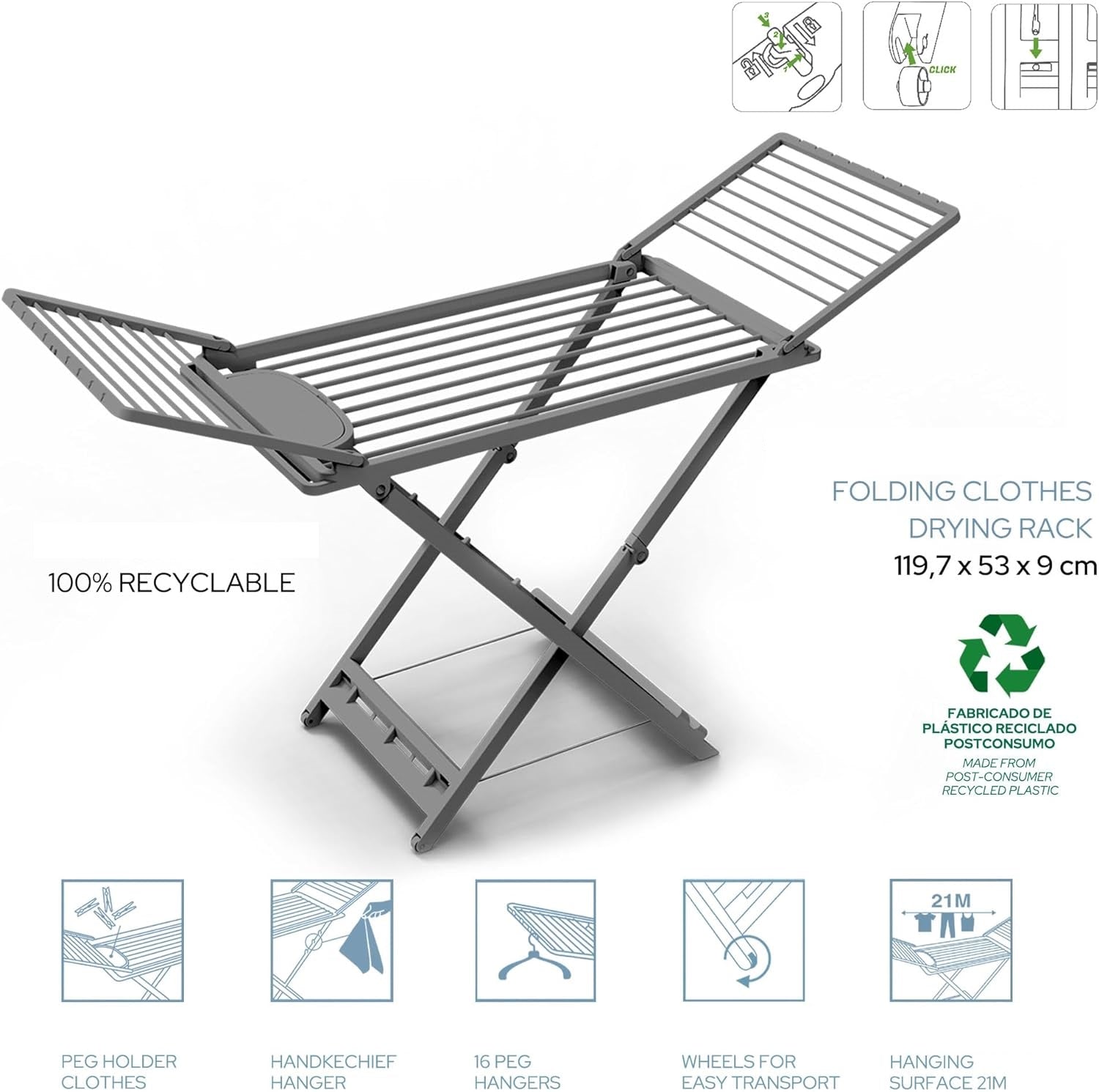 Red Deco Myra étendoir linge pliable 21 m gris plastique