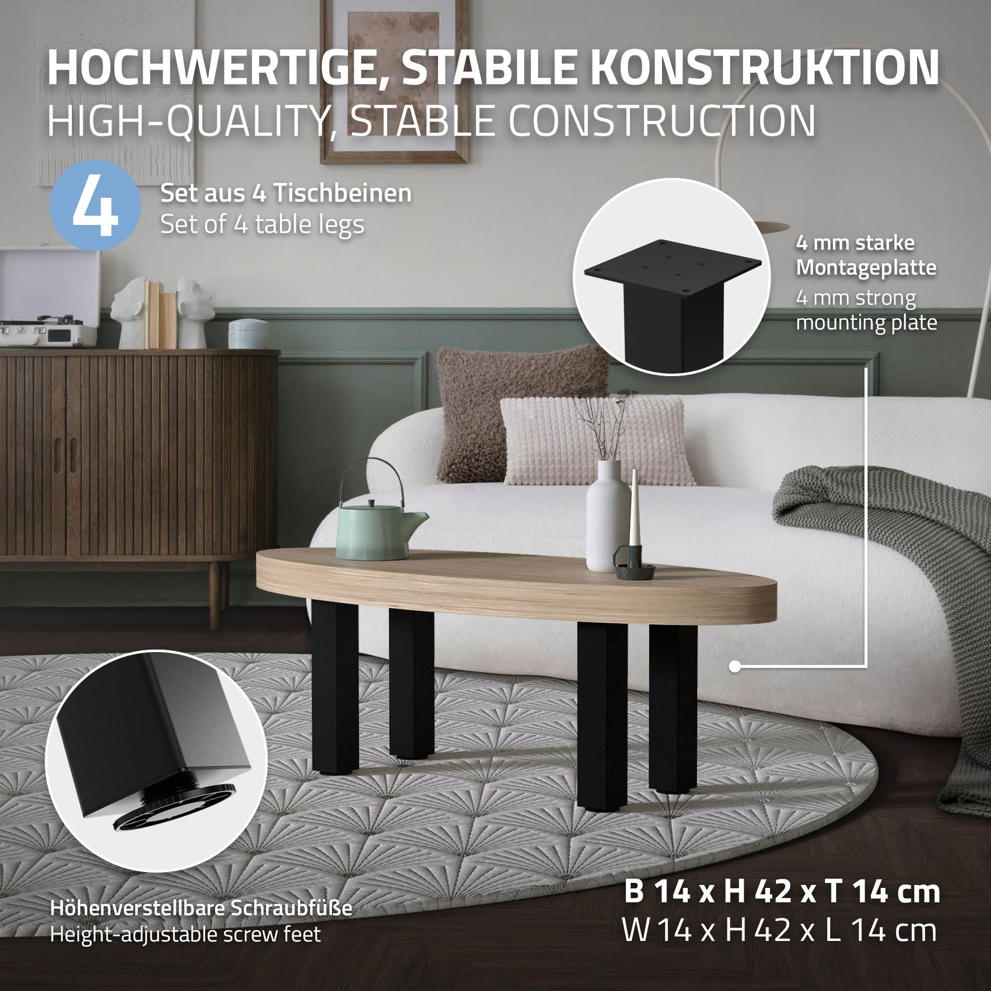ECD Germany Möbel Pied de table acier noir 42 cm lot 4