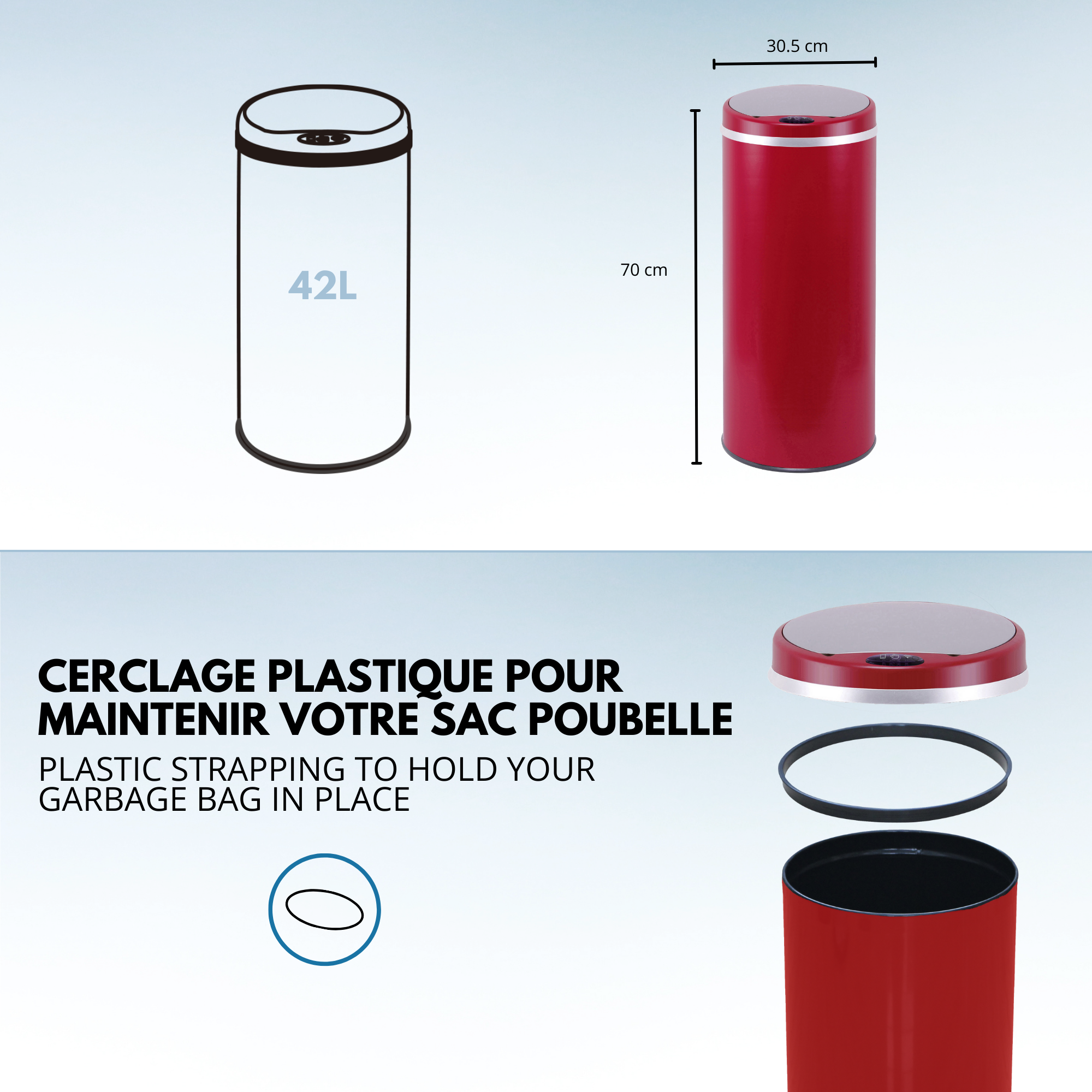 Red Deco Soho poubelle cuisine automatique 42L rouge mat