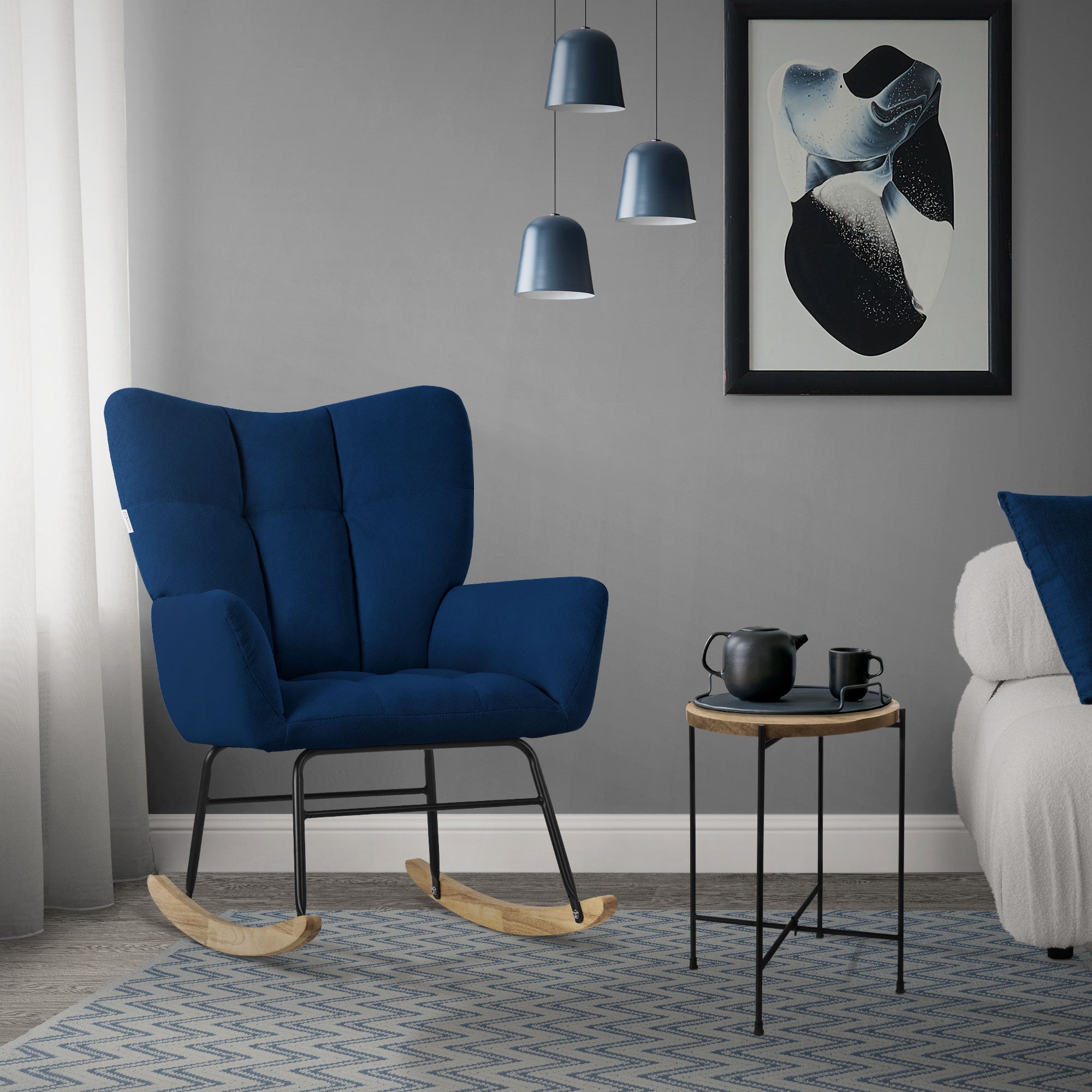 ECD Germany Fauteuil à Bascule Bleu Foncé Bouclette Bois
