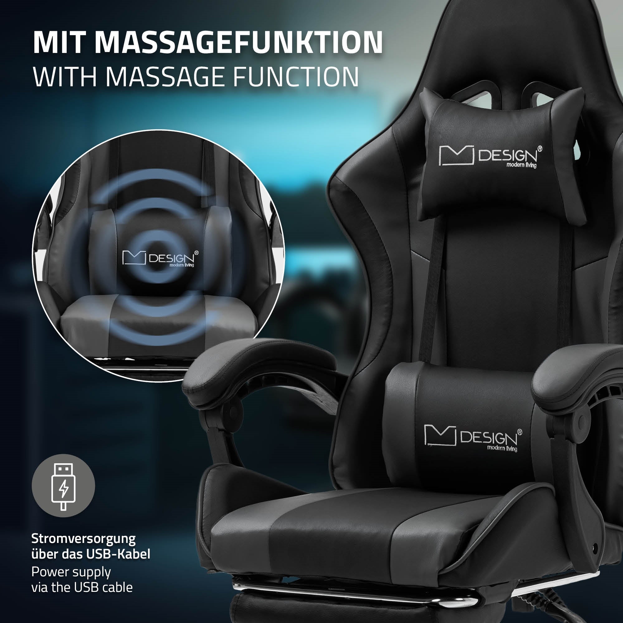 ECD Germany ML-Design chaise gaming massage noir/gris PU
