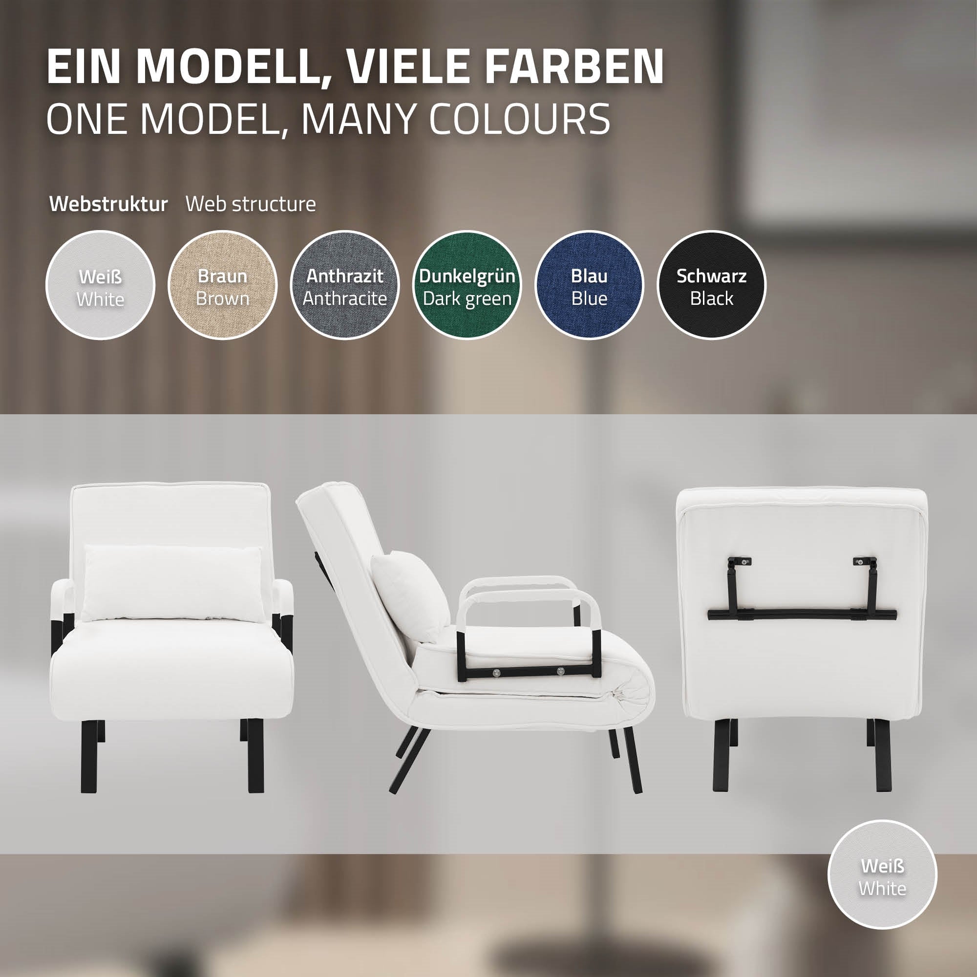 ECD Germany Meuble fauteuil-lit blanc 186x60 cm chenille acier