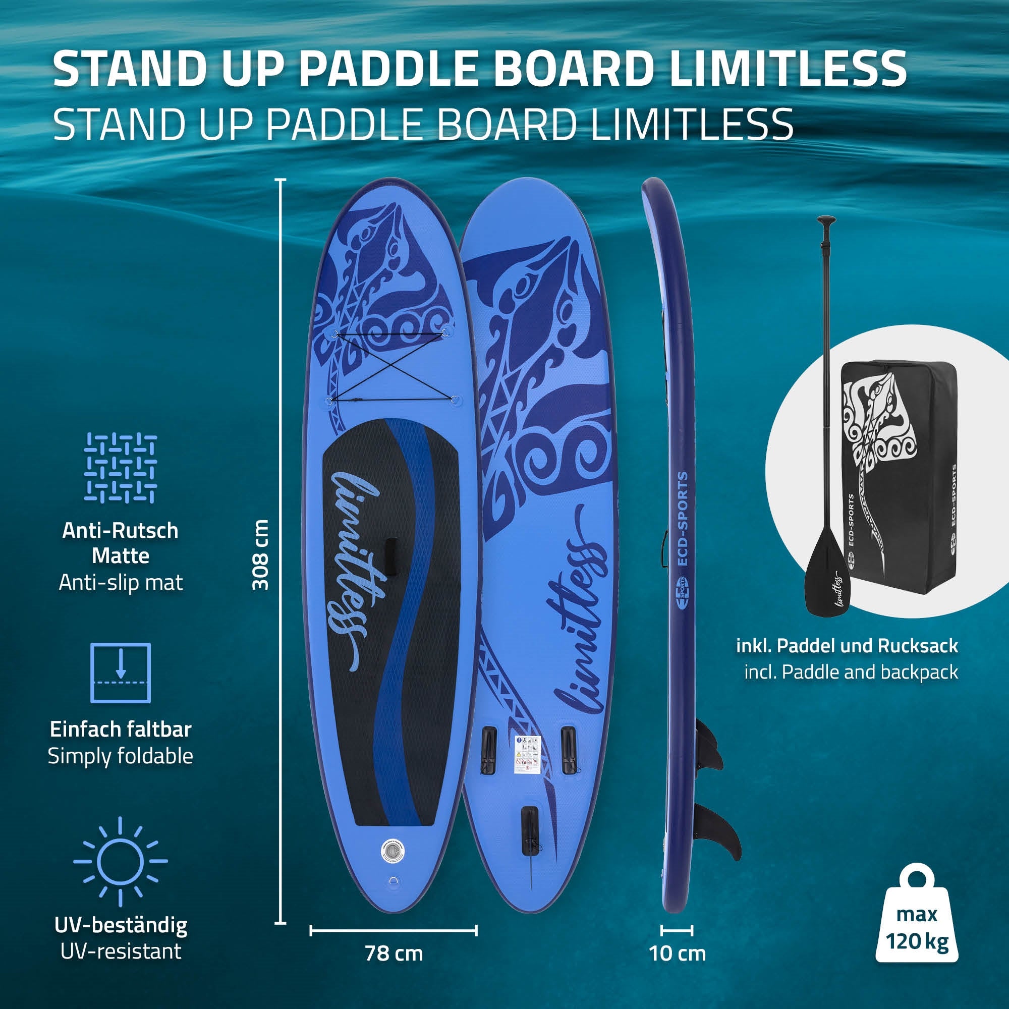 ECD Germany Limitless paddle gonflable 308x76 bleu PVC