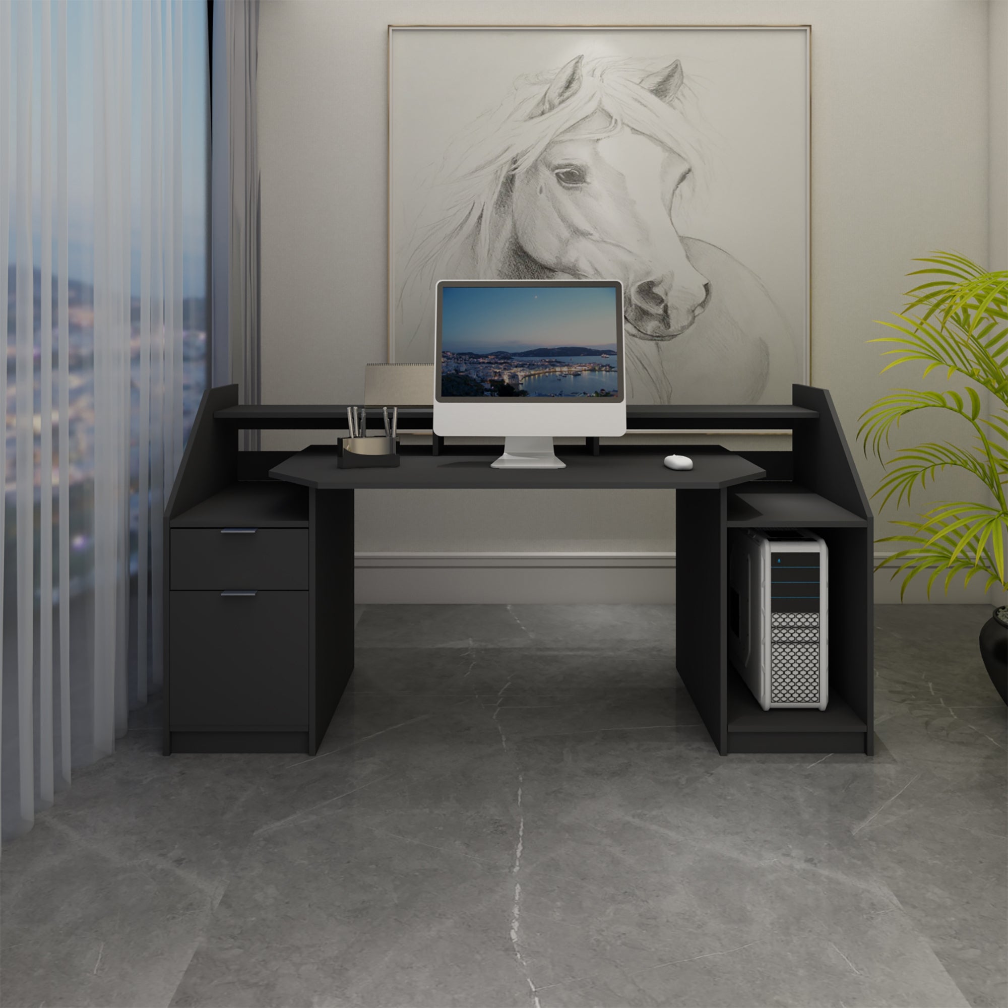 ECD Germany Möbel Bureau Noir Tiroir 179,8 cm MDF