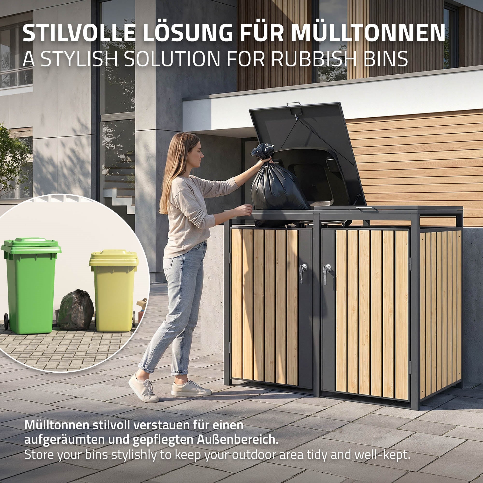 ECD Germany Garten cache poubelle double 2x240L mélèze acier