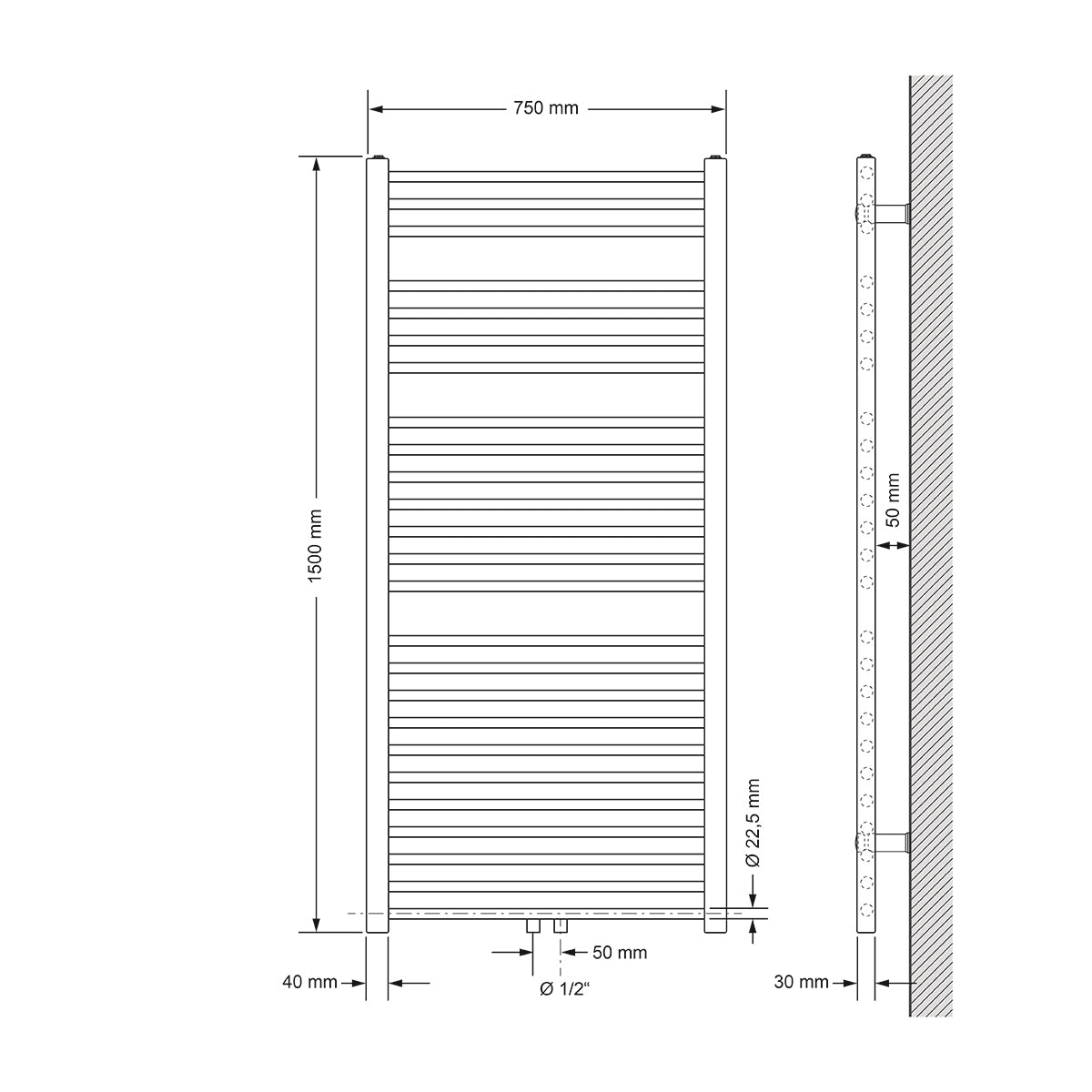 ECD Germany Radiateur Sèche-Serviettes Blanc 750x1500 Droit