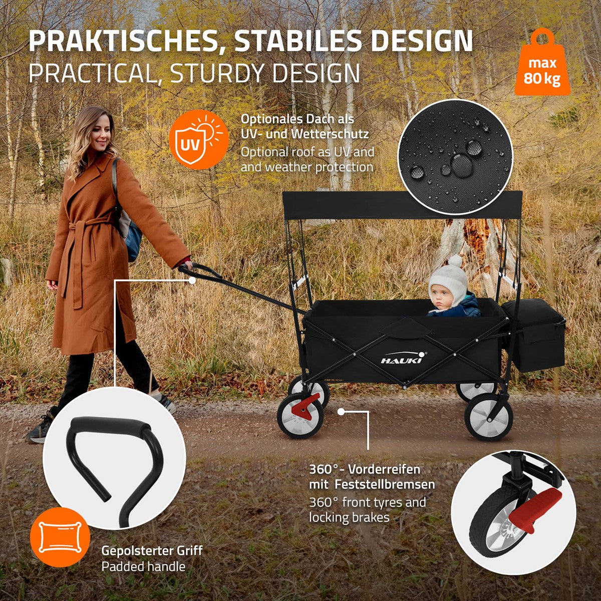 ECD Germany Hauki chariot pliable avec toit bleu/gris XXL 80 kg