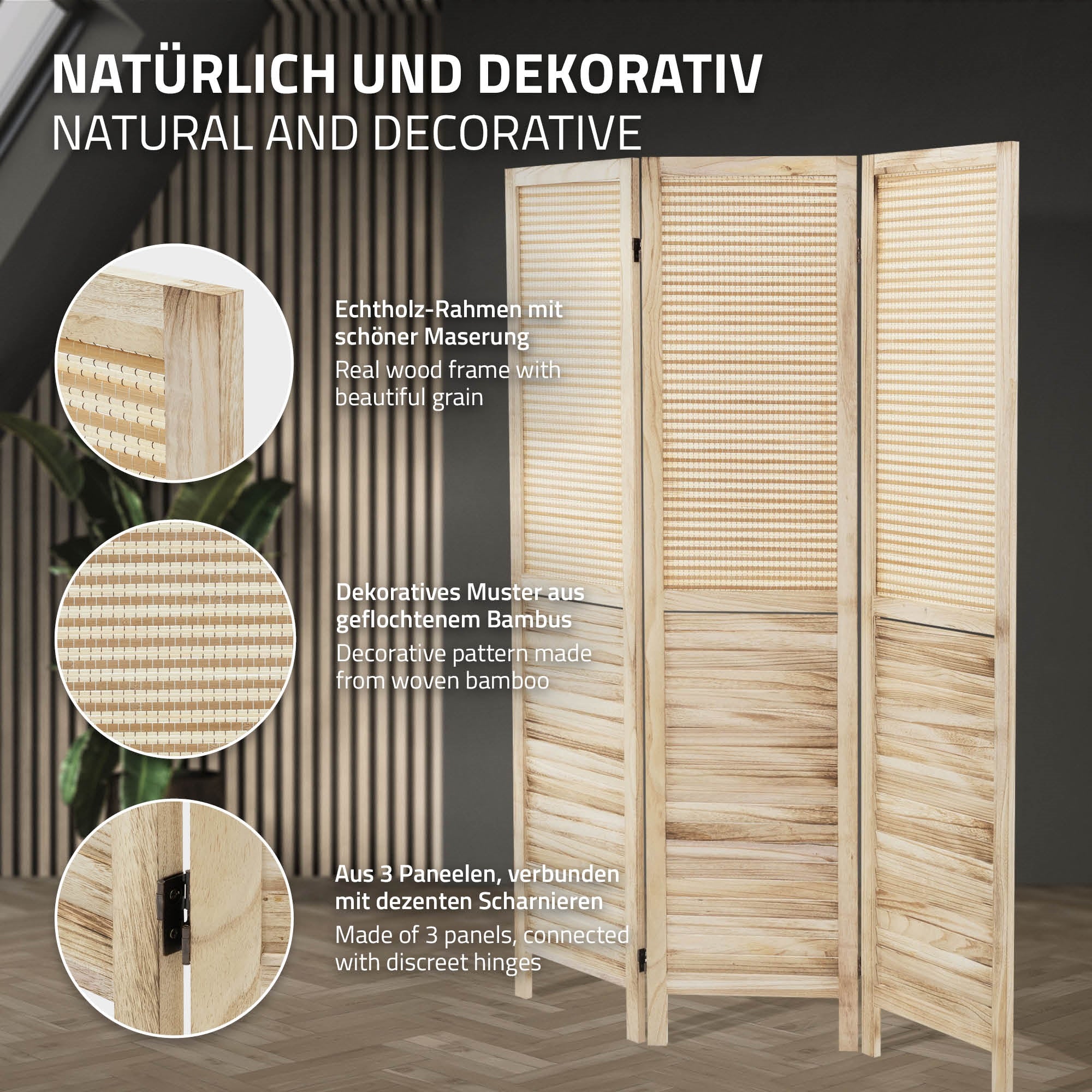 ECD Germany Möbel paravent bois 3 panneaux beige Osaka 170x121