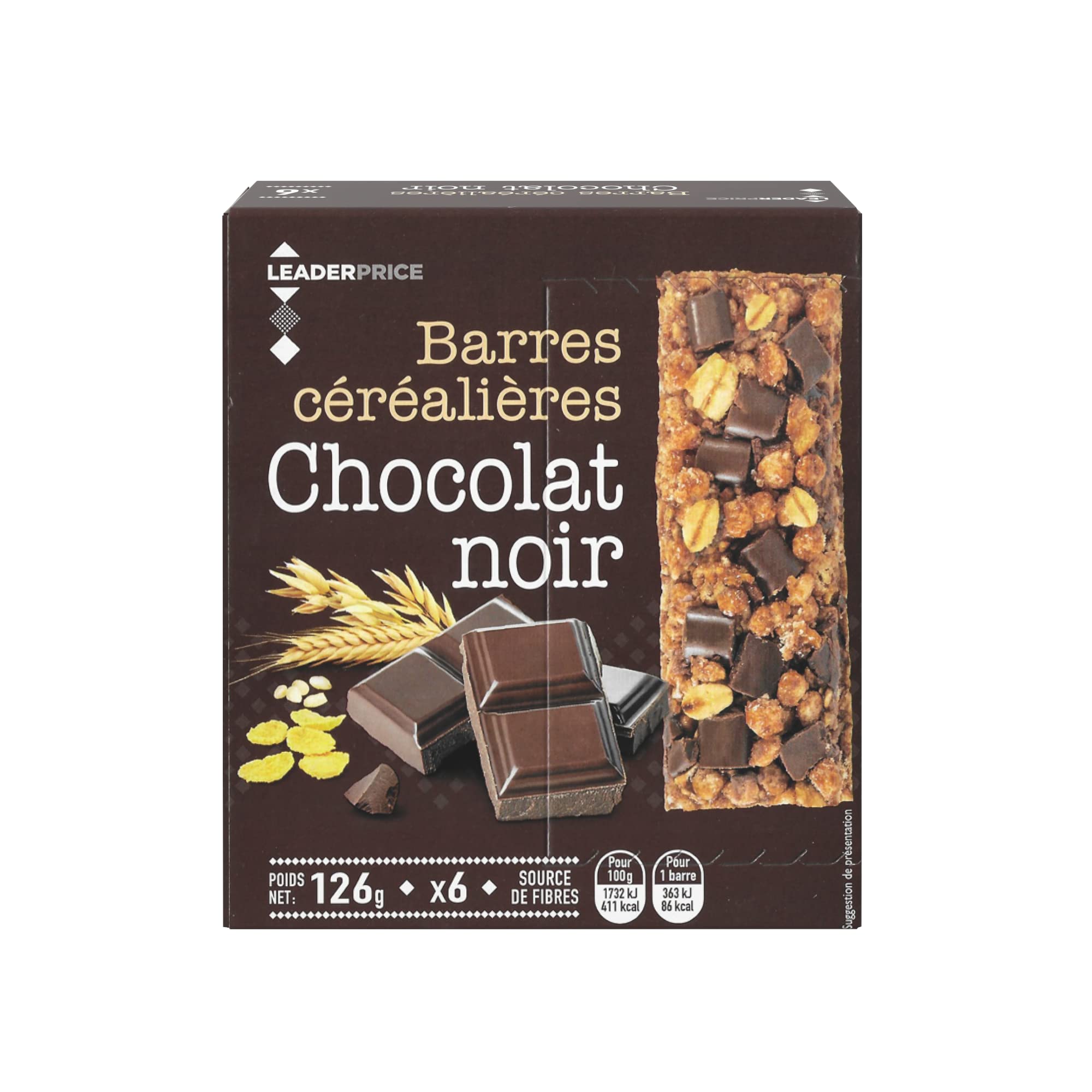 Leader Price Petit-déjeuner Barres céréalières chocolat noir x6 126g