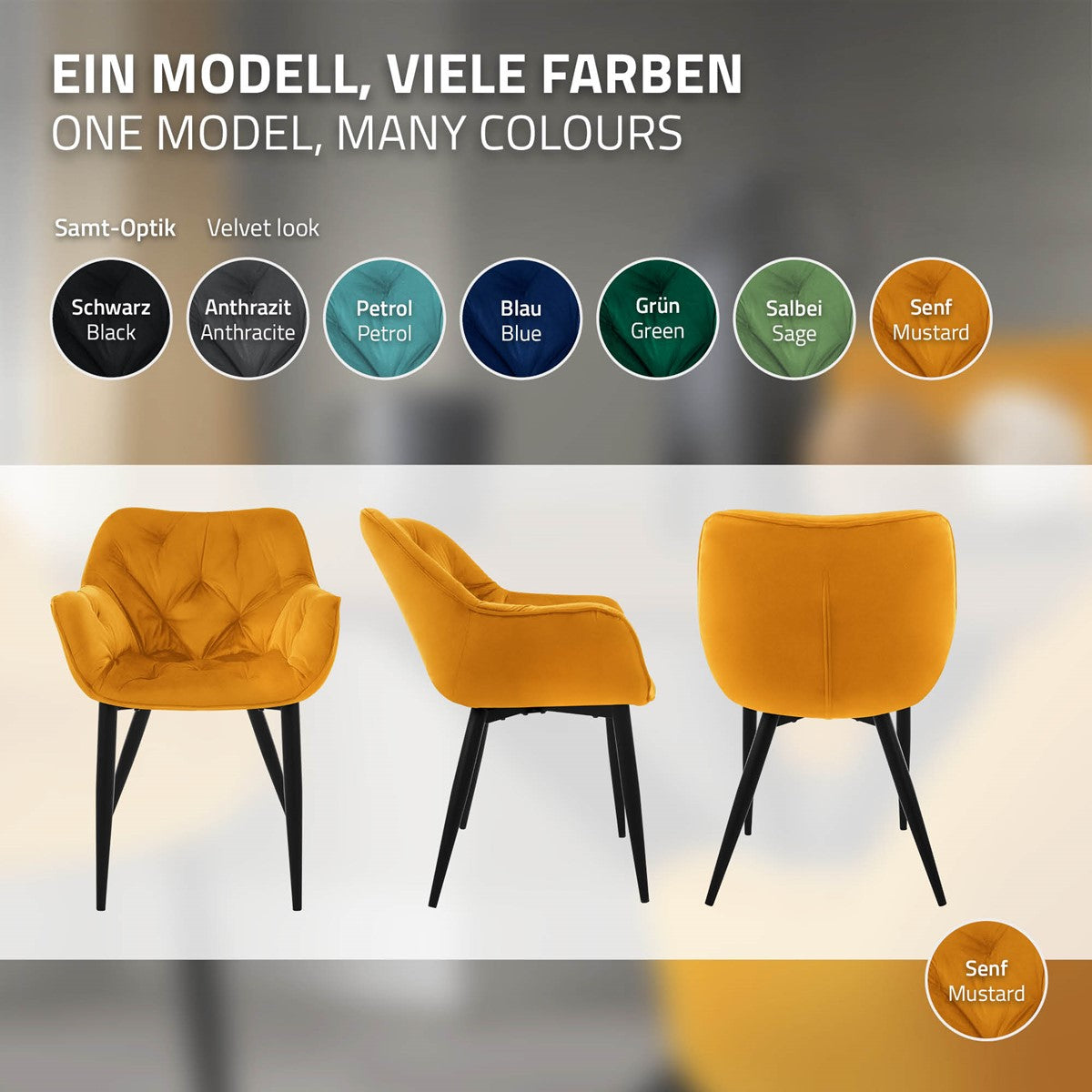 ECD Germany ML-Design chaise salle à manger velours moutarde lot 2