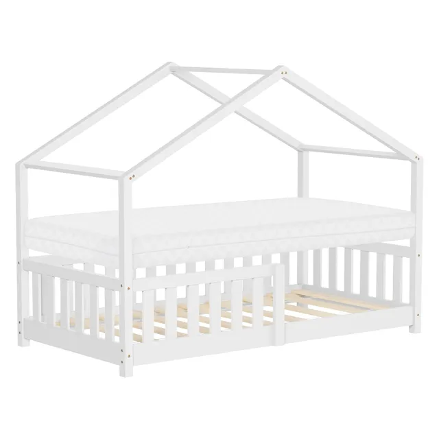 ECD Germany Kinder lit cabane 80x160 blanc pin avec matelas