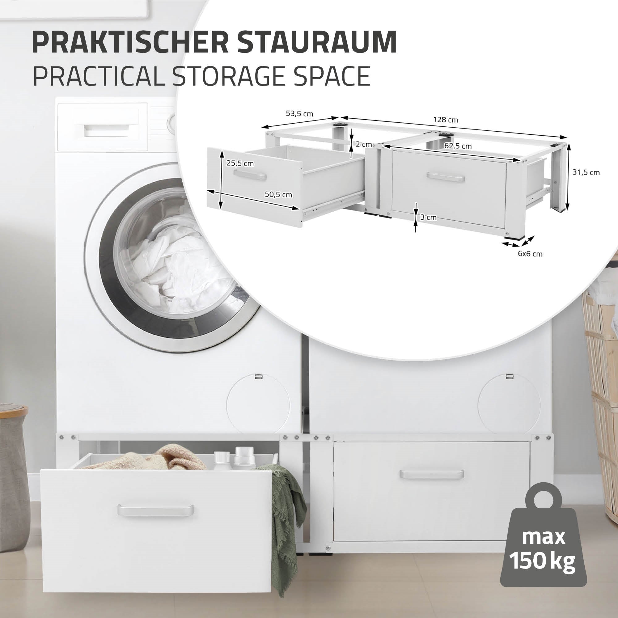 ECD Germany Möbel Socle Lave-Linge Blanc Double 2 Tiroirs