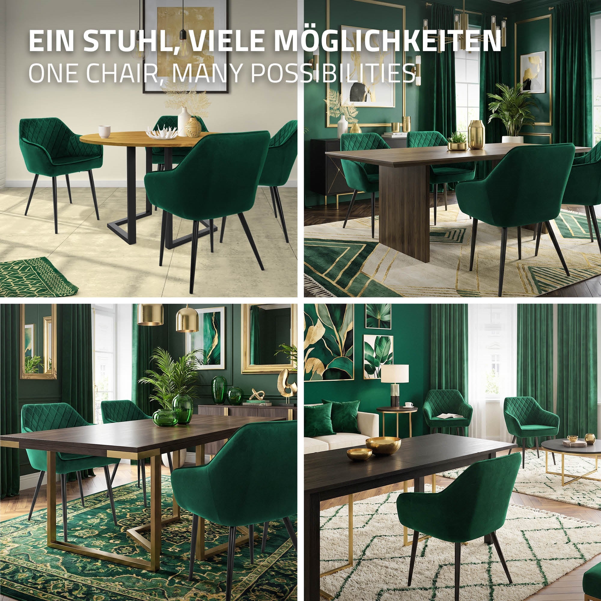 ECD Germany ML-Design chaise salle à manger velours vert lot 4