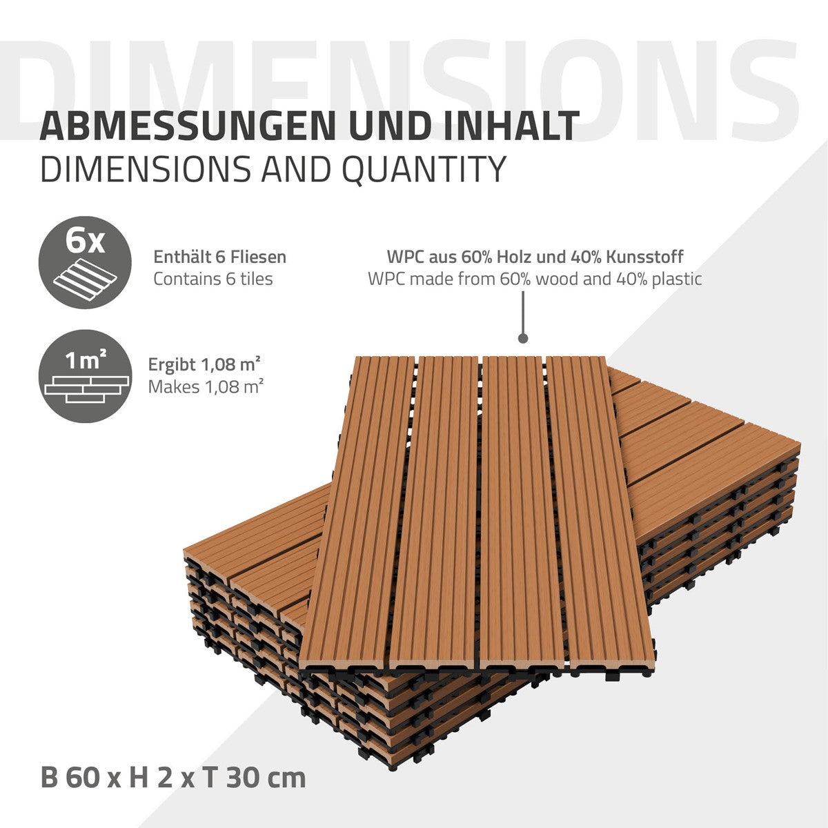 ECD Germany Garten dalles WPC 60x30 marron clair 18 pièces 3m²