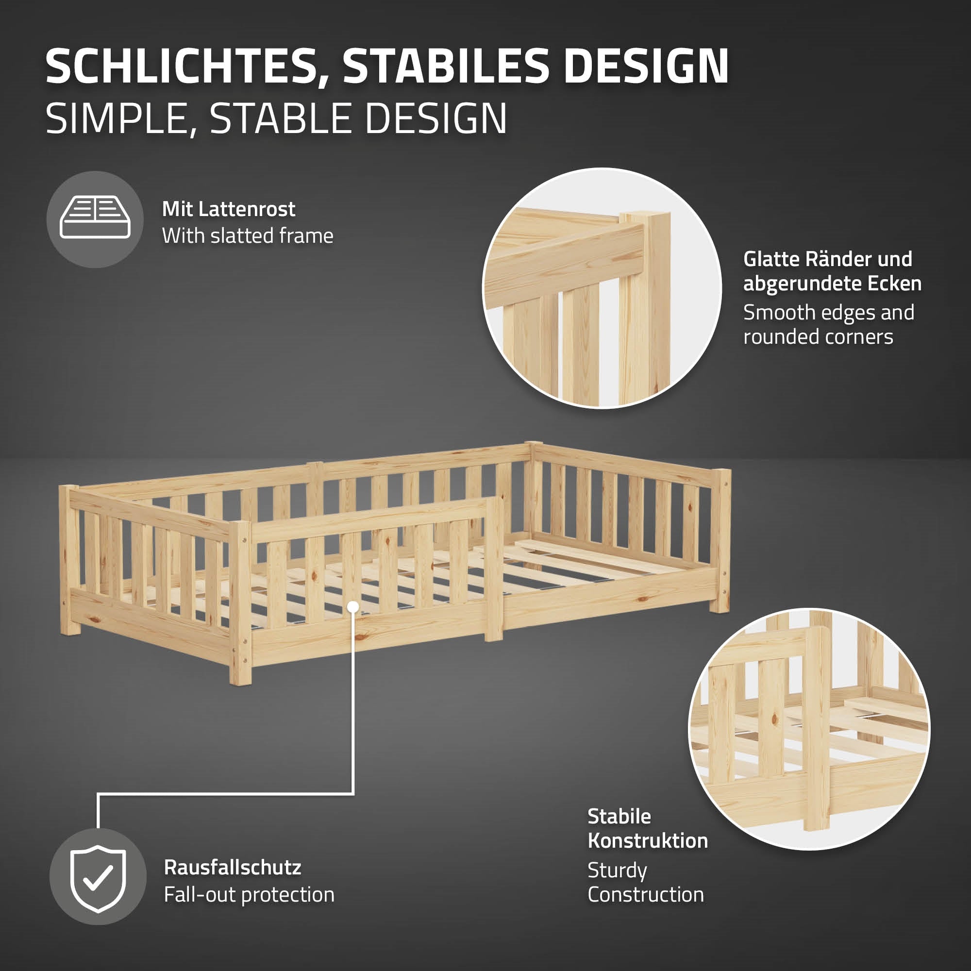 ECD Germany Kinder lit enfant 80x160 pin naturel sans matelas
