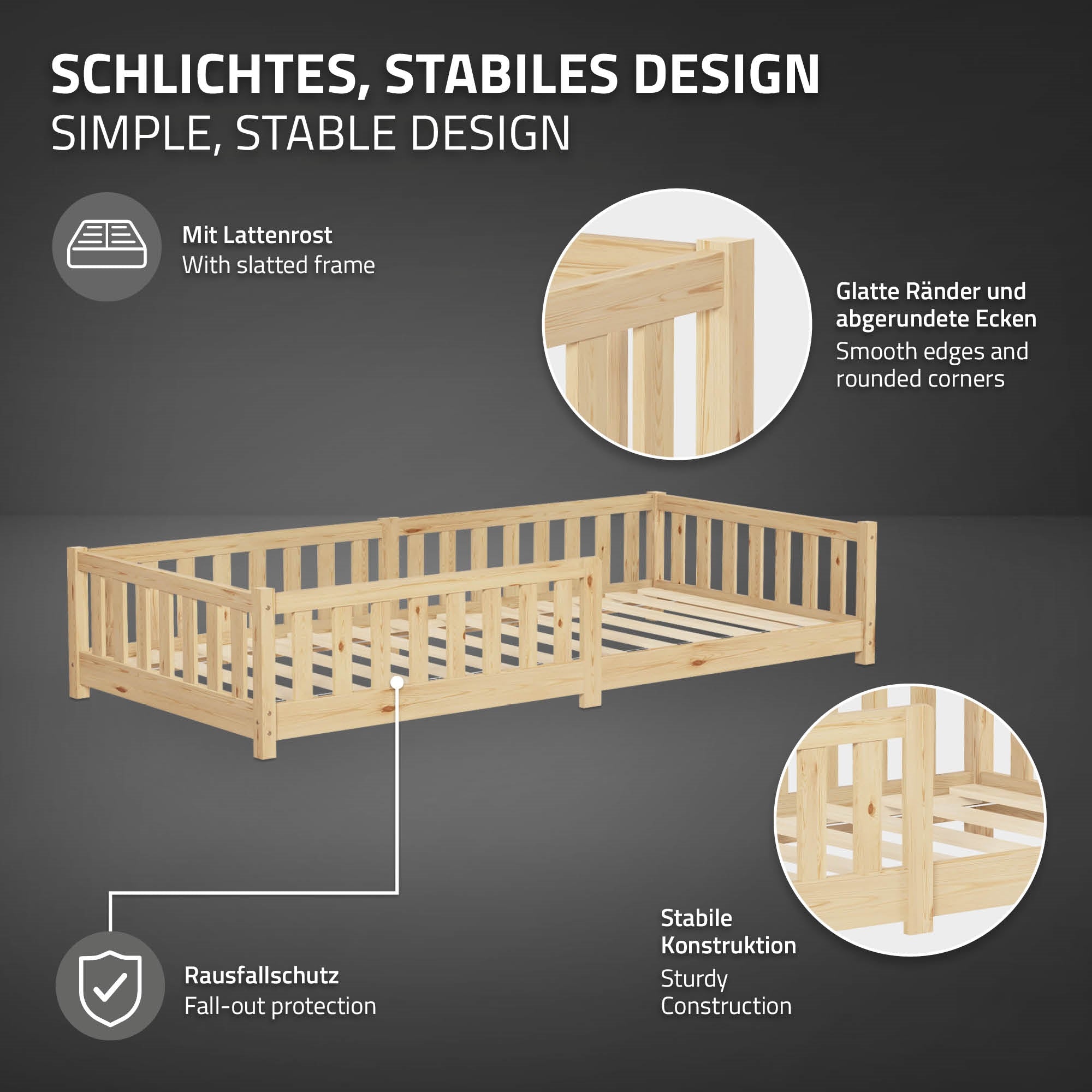 ECD Germany Kinder lit enfant 90x200 pin nature sans matelas