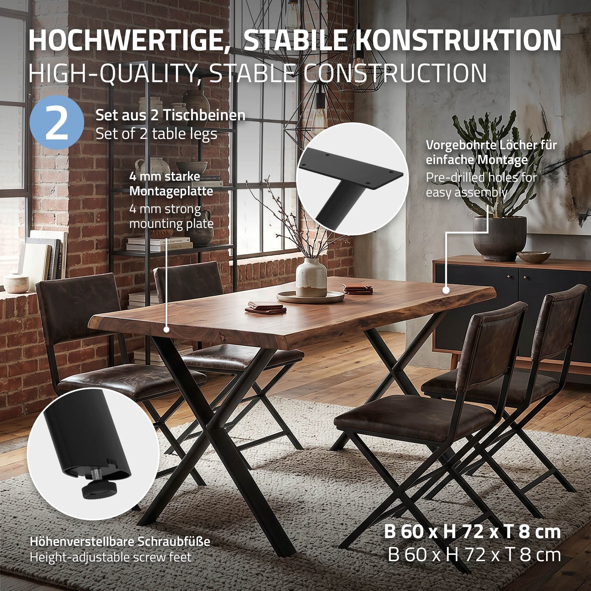 ECD Germany Möbel Pieds table X acier noir 60x72 cm lot de 2