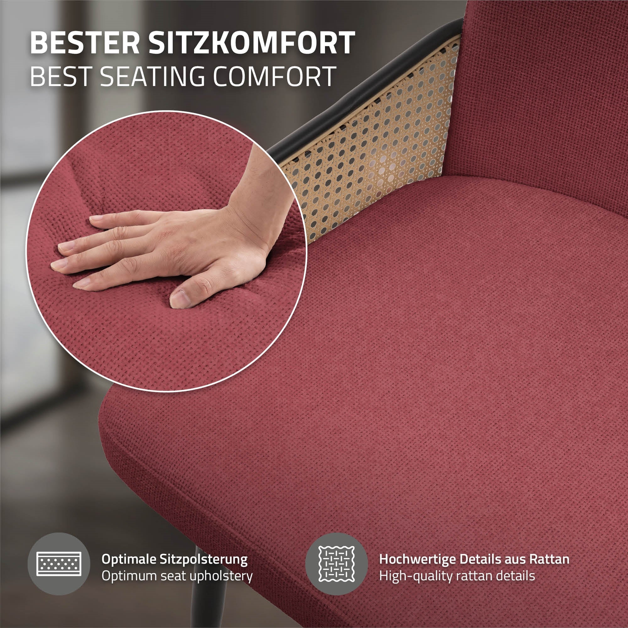 ECD Germany Möbel chaises salle à manger rouges x4 tissu