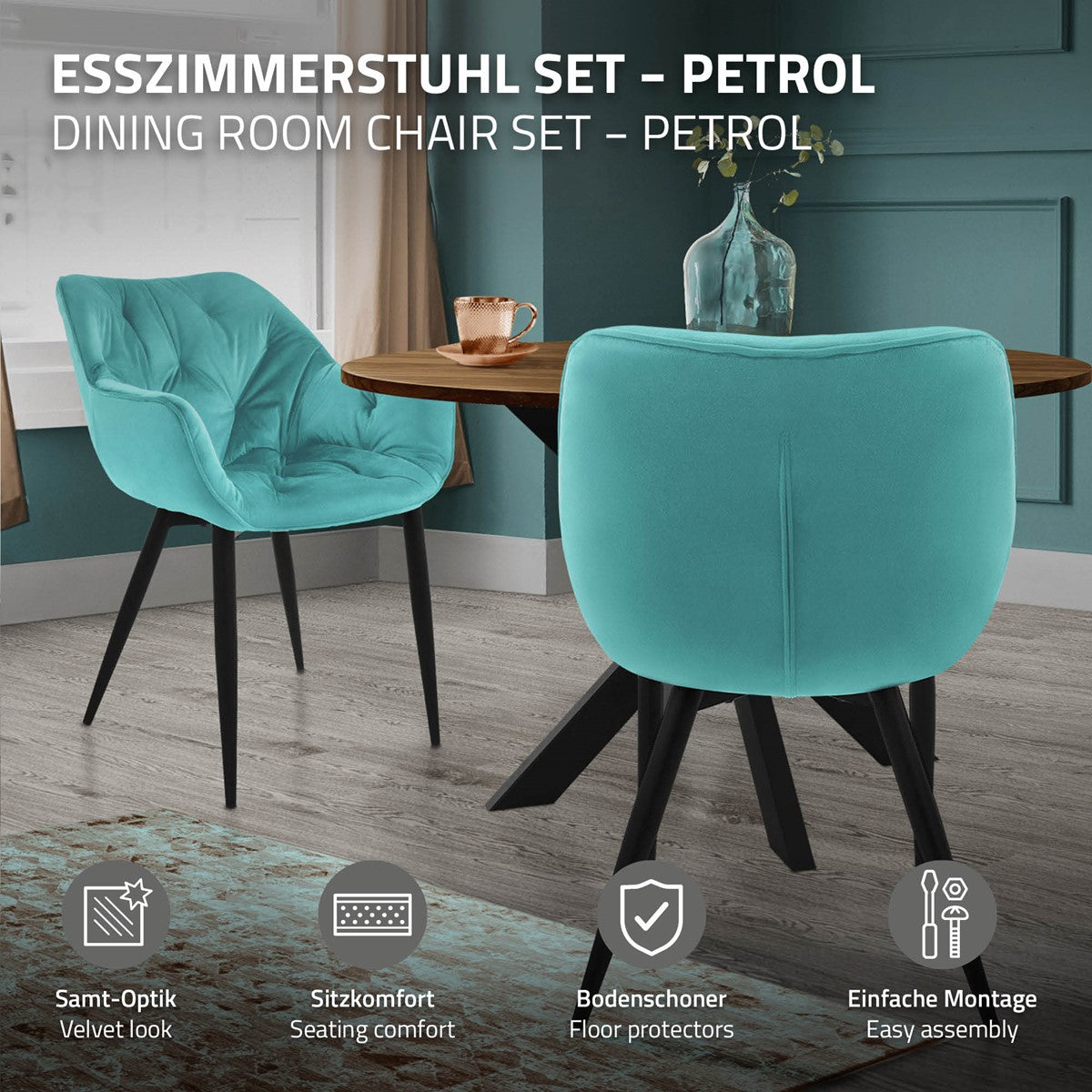ECD Germany Möbel Chaise salle à manger velours pétrole lot de 6